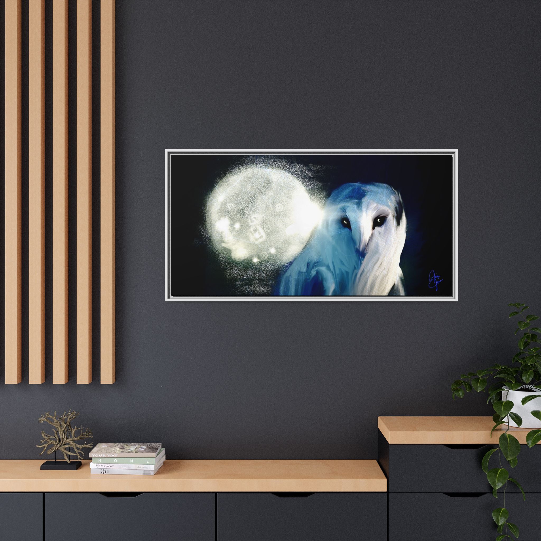 Moonlight Owl Matte Framed Canvas — Mystical Blue Owl Wall Art