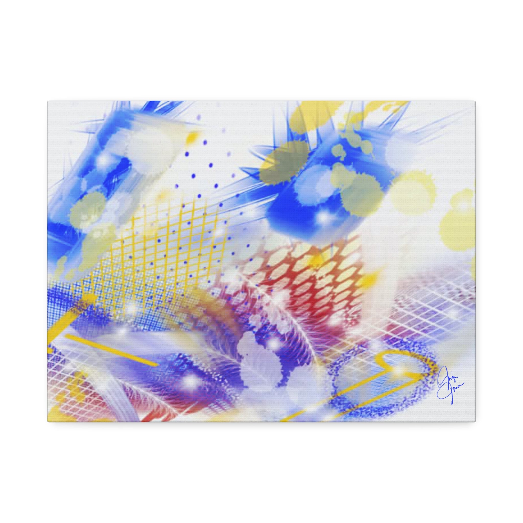 Abstract Blue & Yellow Art Canvas Print — Stretched 1.5" with Red Border
