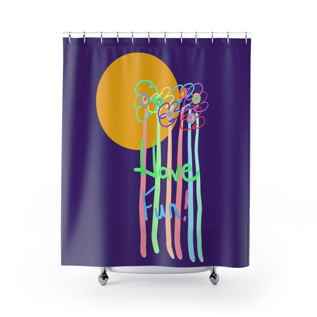 Playful Floral Shower Curtain — Colorful ‘Have Fun’ Sunflower Design