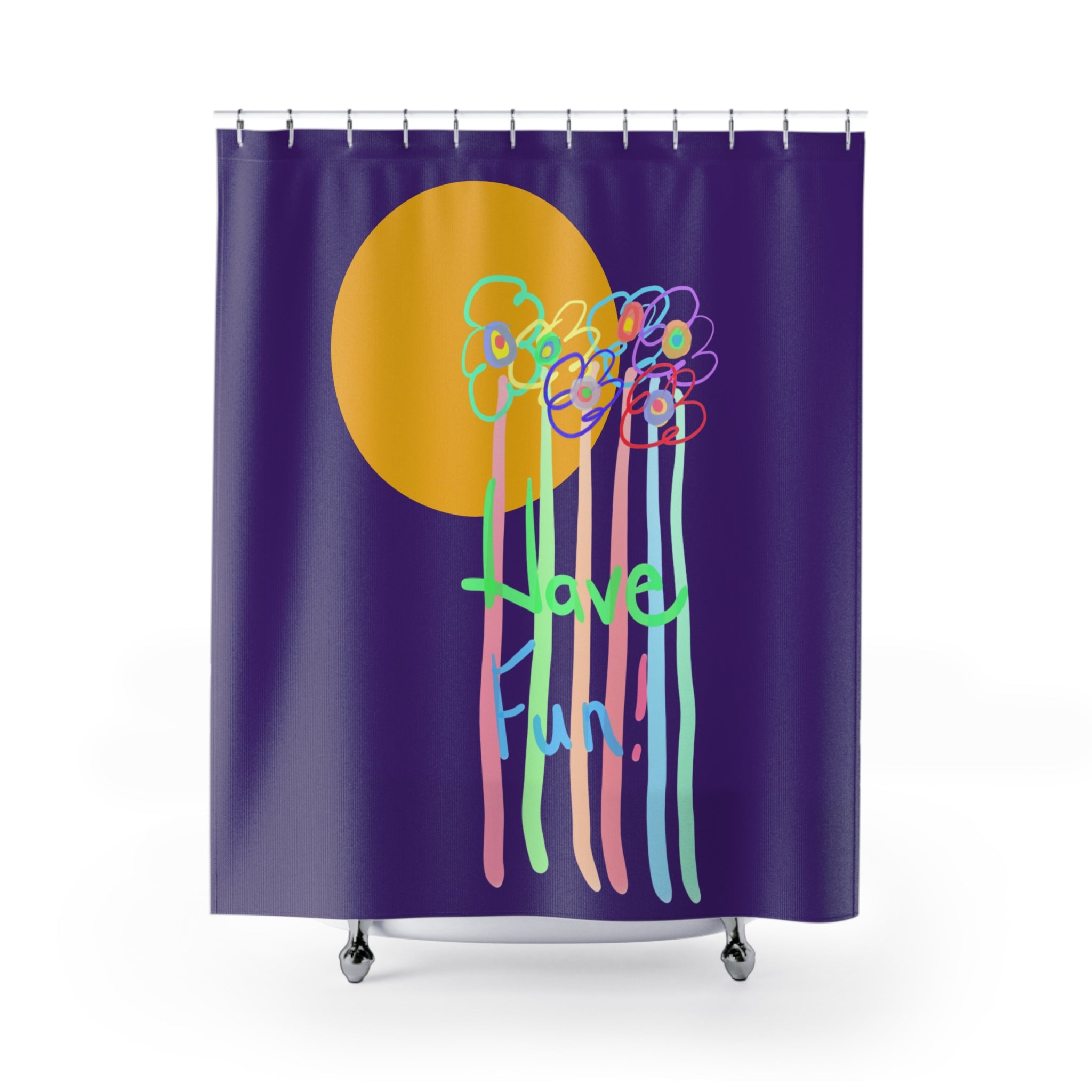 Playful Floral Shower Curtain — Colorful ‘Have Fun’ Sunflower Design