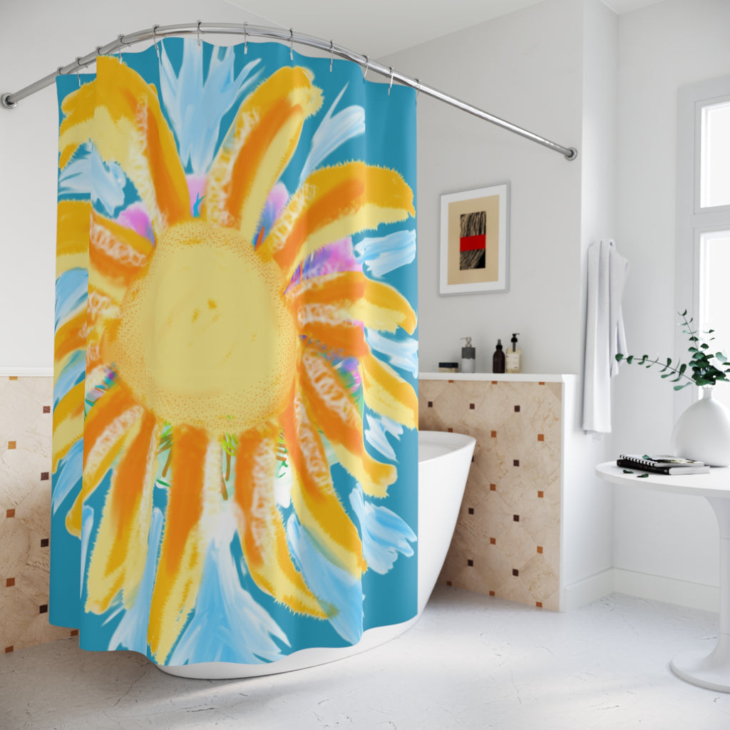 Sunburst Shower Curtain — Bright Yellow Sun Bathroom Decor