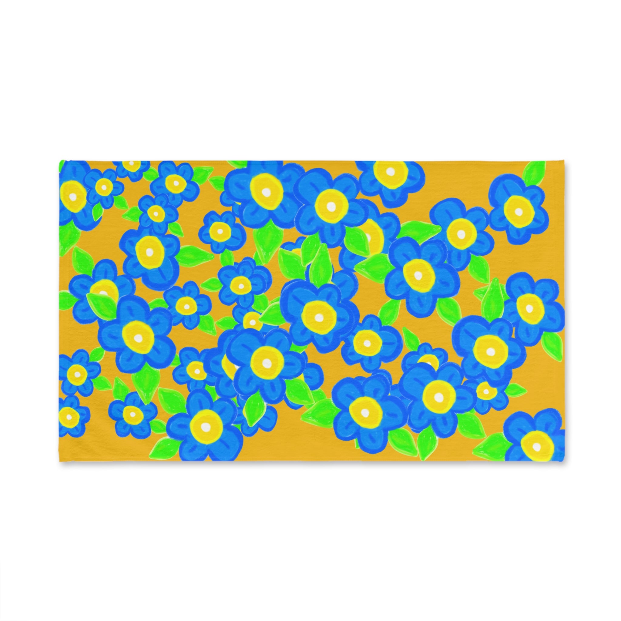 Blue Daisies Floral Hand Towel — Bright Yellow Retro Flower Kitchen & Bath Accent