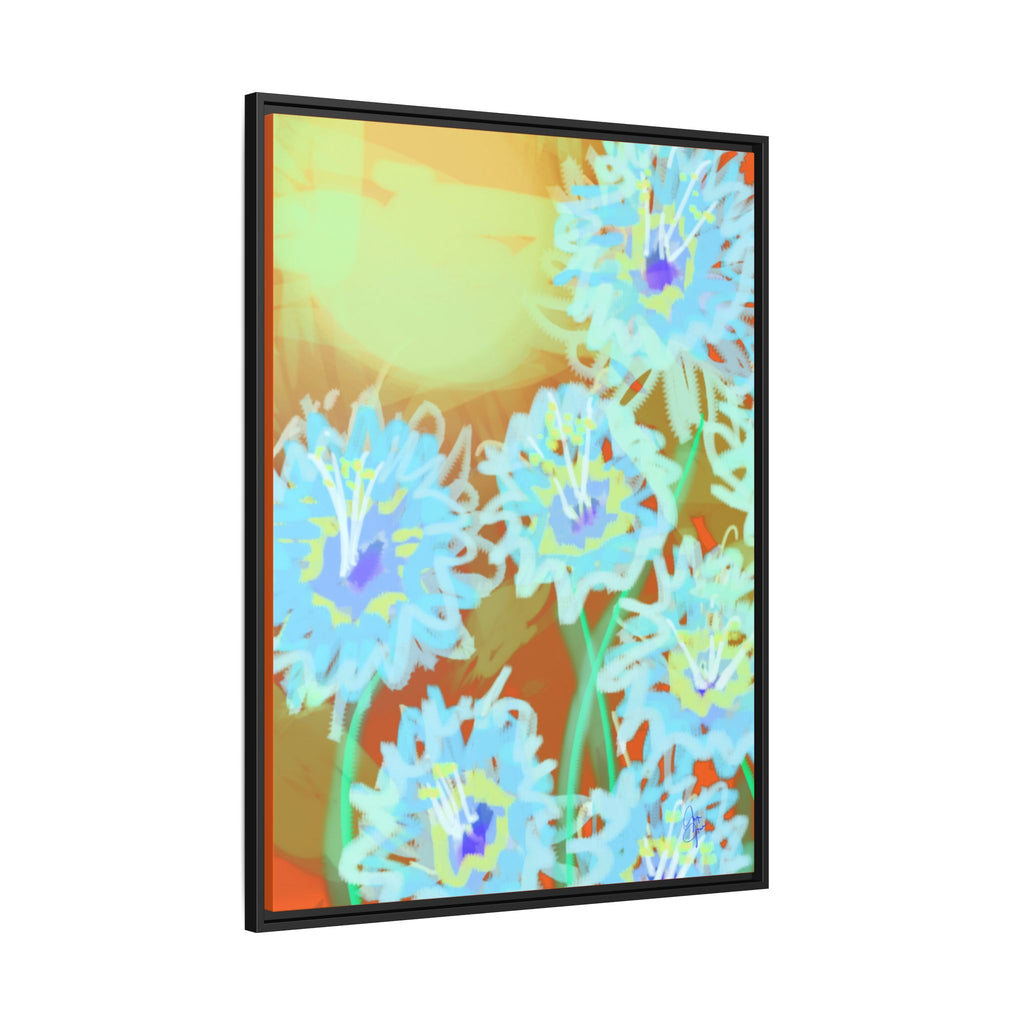 Framed Floral Canvas Art — Blue & Yellow Abstract Bouquet (Matte)