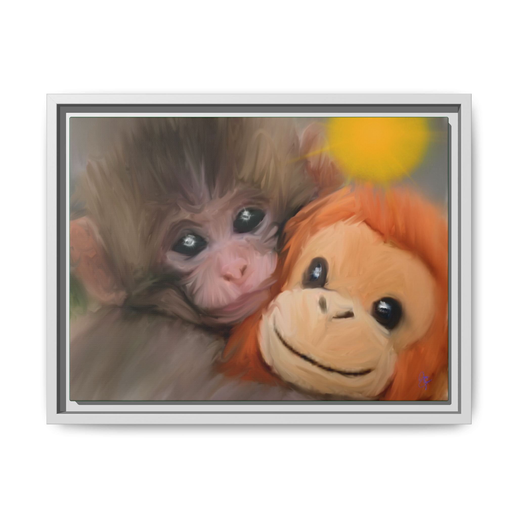 Framed Matte Canvas Print — Baby Monkey & Plush Orangutan Wall Art