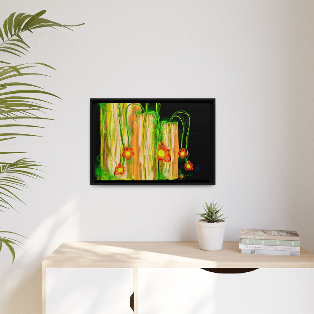 Framed Matte Canvas Print — Neon Floral Candlelight Art