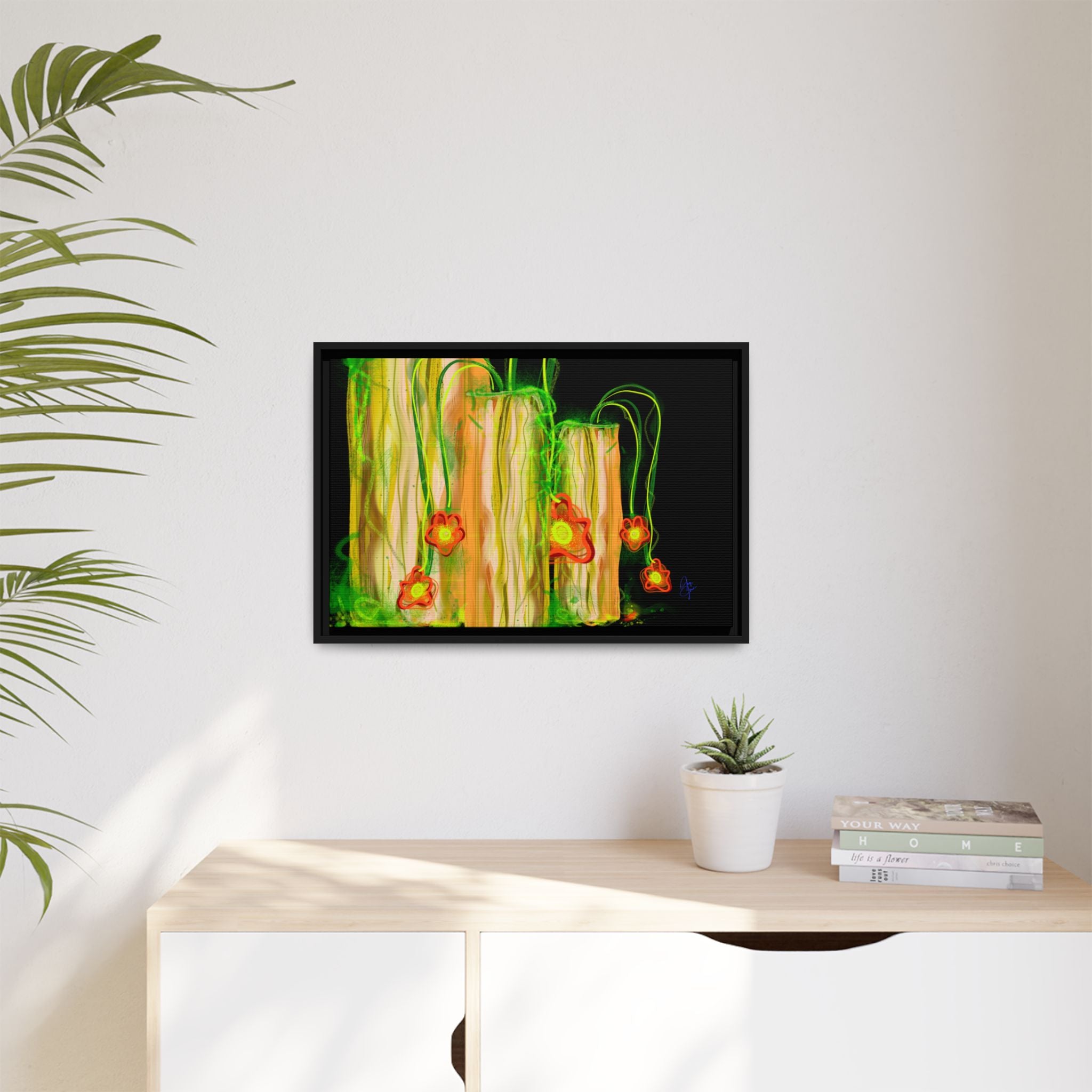 Framed Matte Canvas Print — Neon Floral Candlelight Art