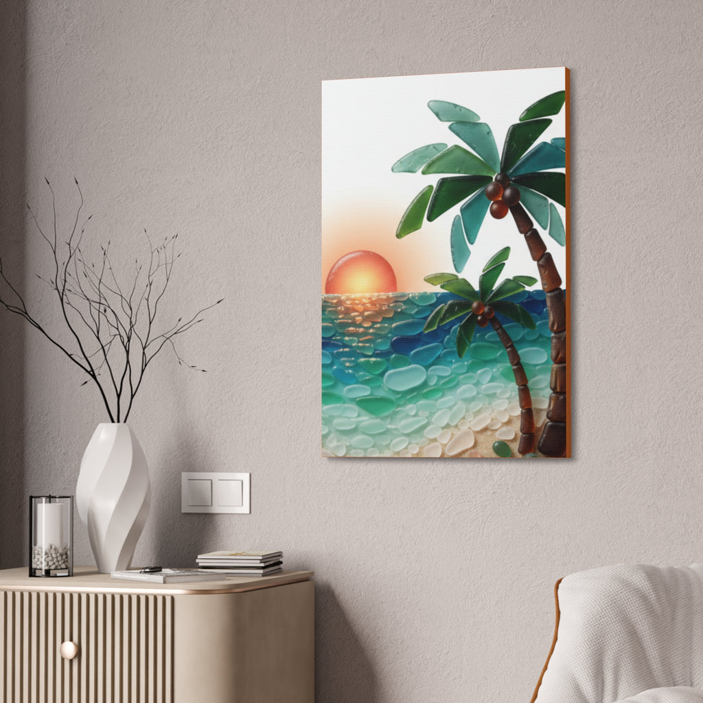 Tropical Sunset Canvas Wall Art — Palm Tree Beach Seascape Stretched Canvas