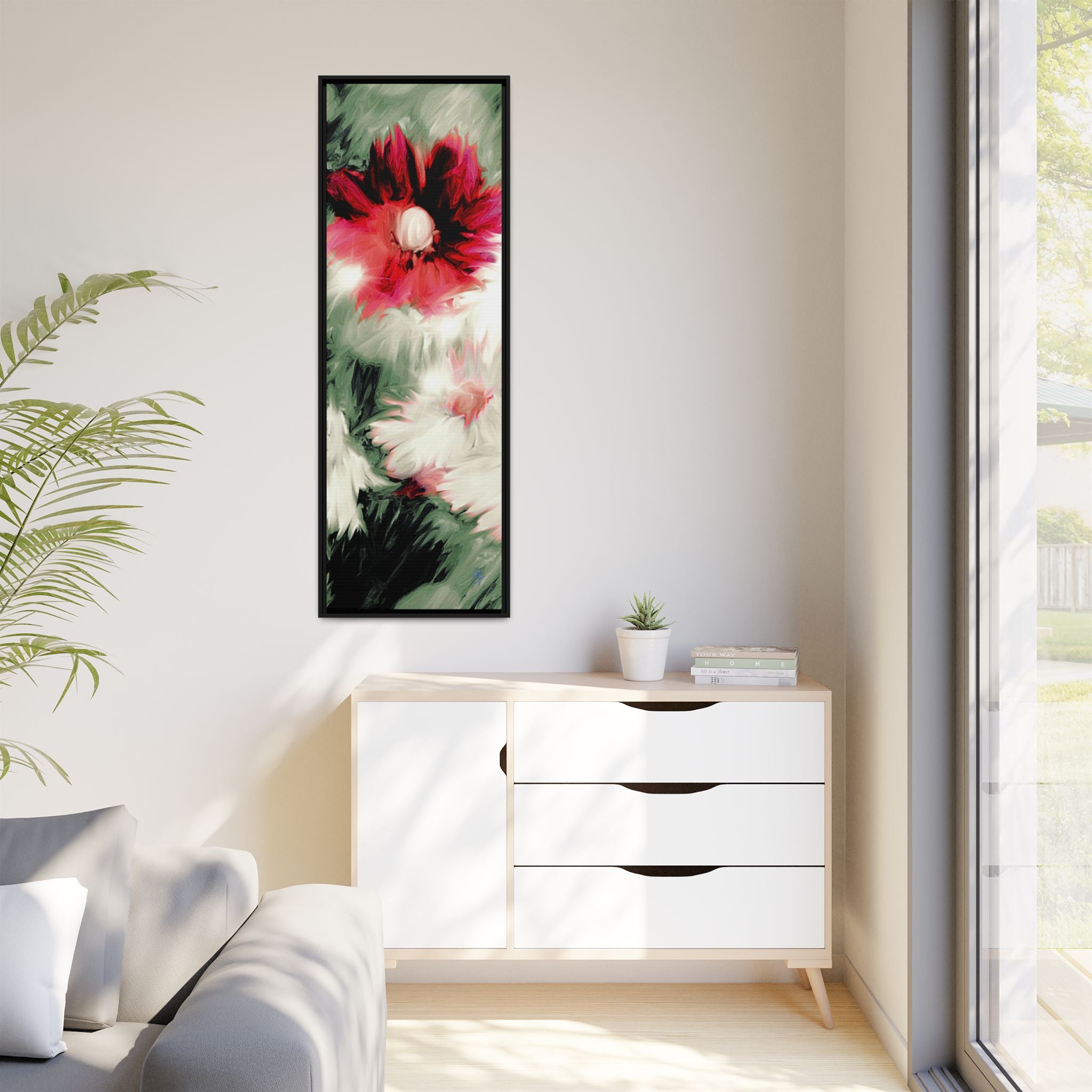 Framed Matte Canvas Print — Blurred Red & White Floral Art