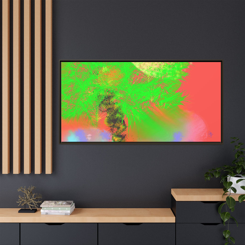 Abstract Neon Tree Matte Canvas Framed Art — Vibrant Green Moon Landscape