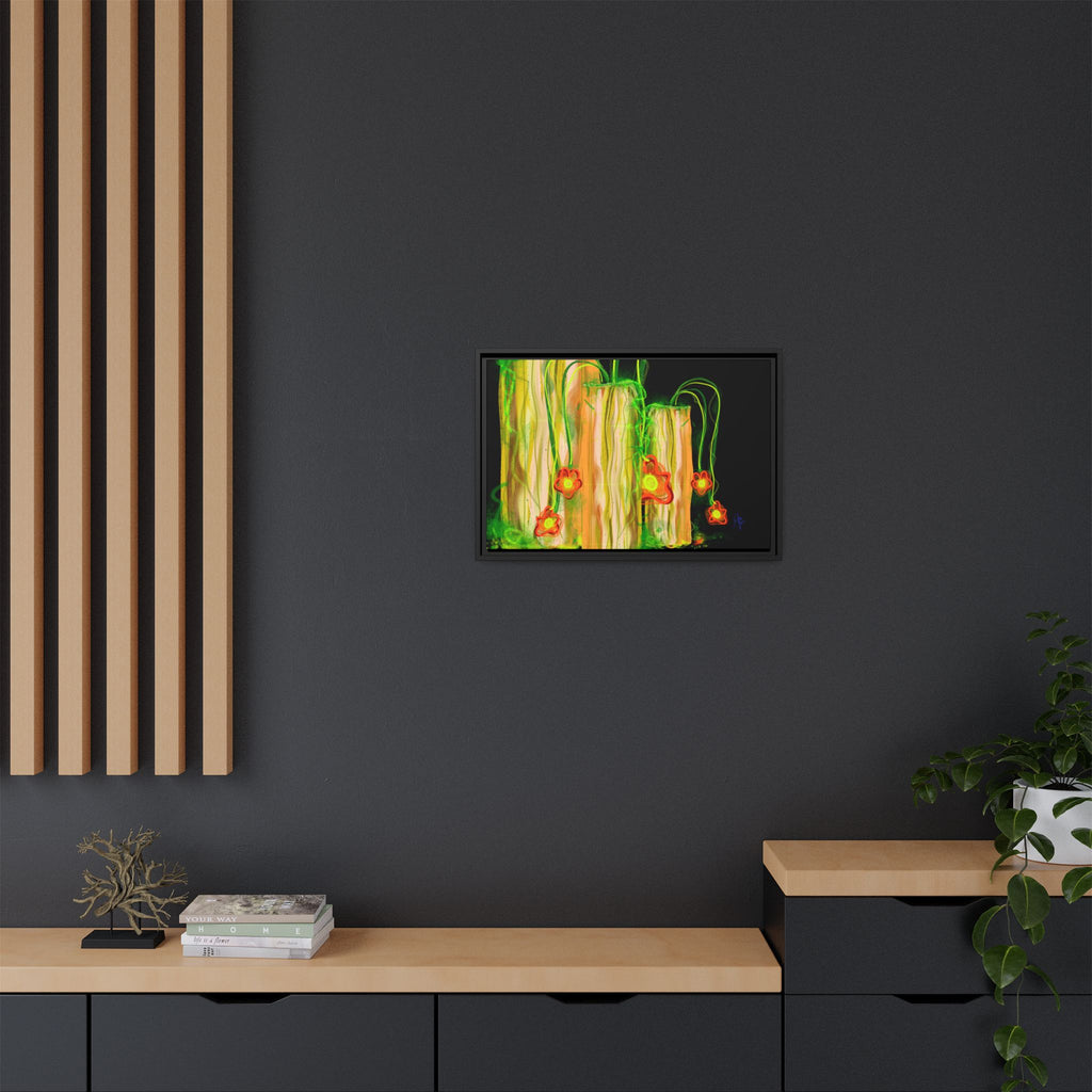 Framed Matte Canvas Print — Neon Floral Candlelight Art