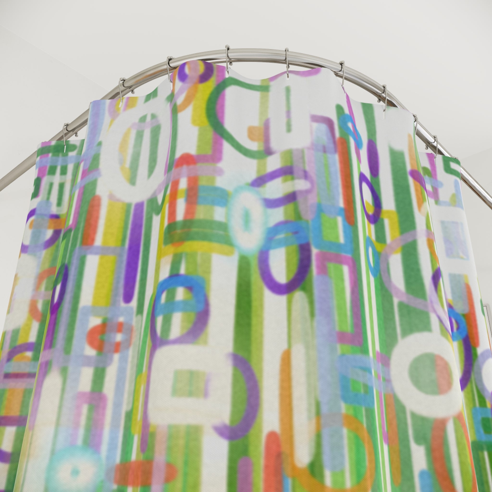 Abstract Green Geometric Shower Curtain — Colorful Mid-Century Modern Bath Decor