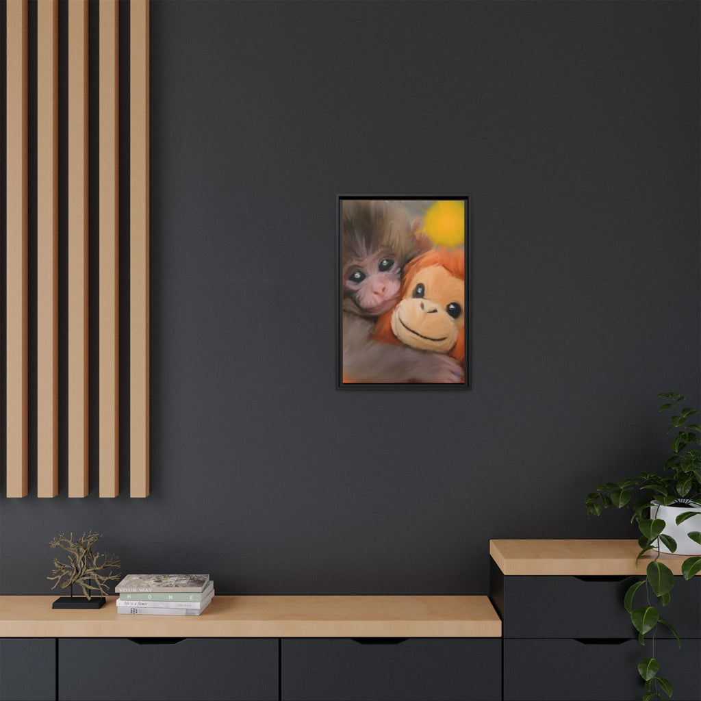 Framed Matte Canvas Print — Baby Monkey & Plush Orangutan Wall Art