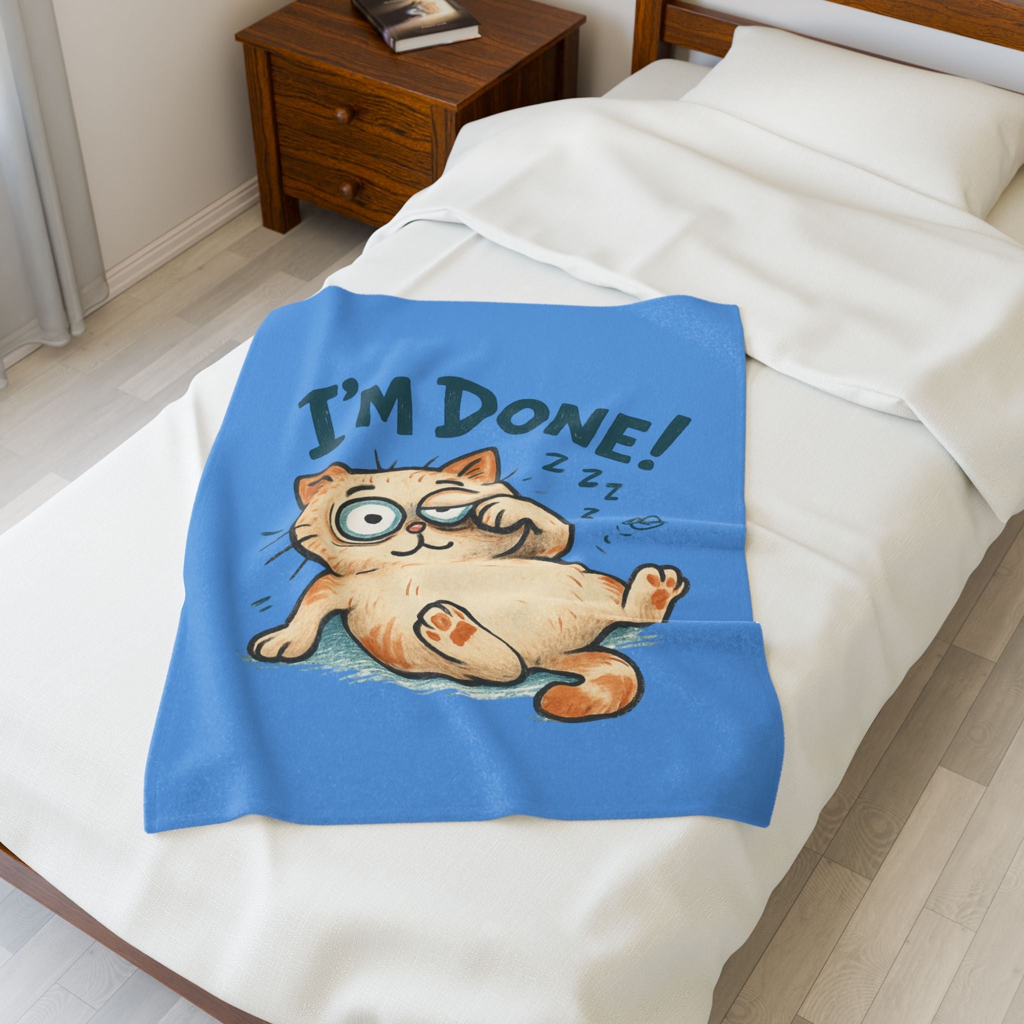 Velveteen Blanket - Cute "I'm Done!" Lazy Cat Plush Throw for Cat Lovers