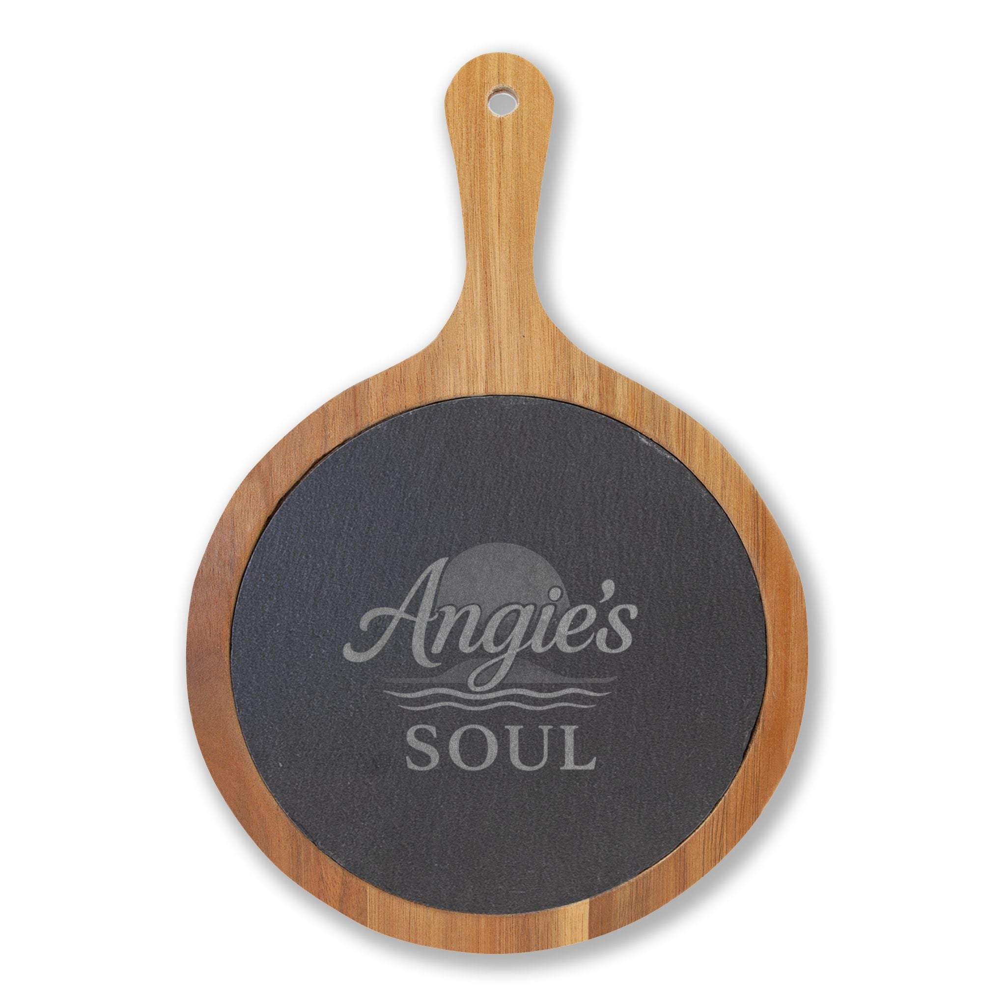 Engraved Acacia Charcuterie Board with Slate Insert & Cheese Knives — Personalized 'Angie's Soul' Design