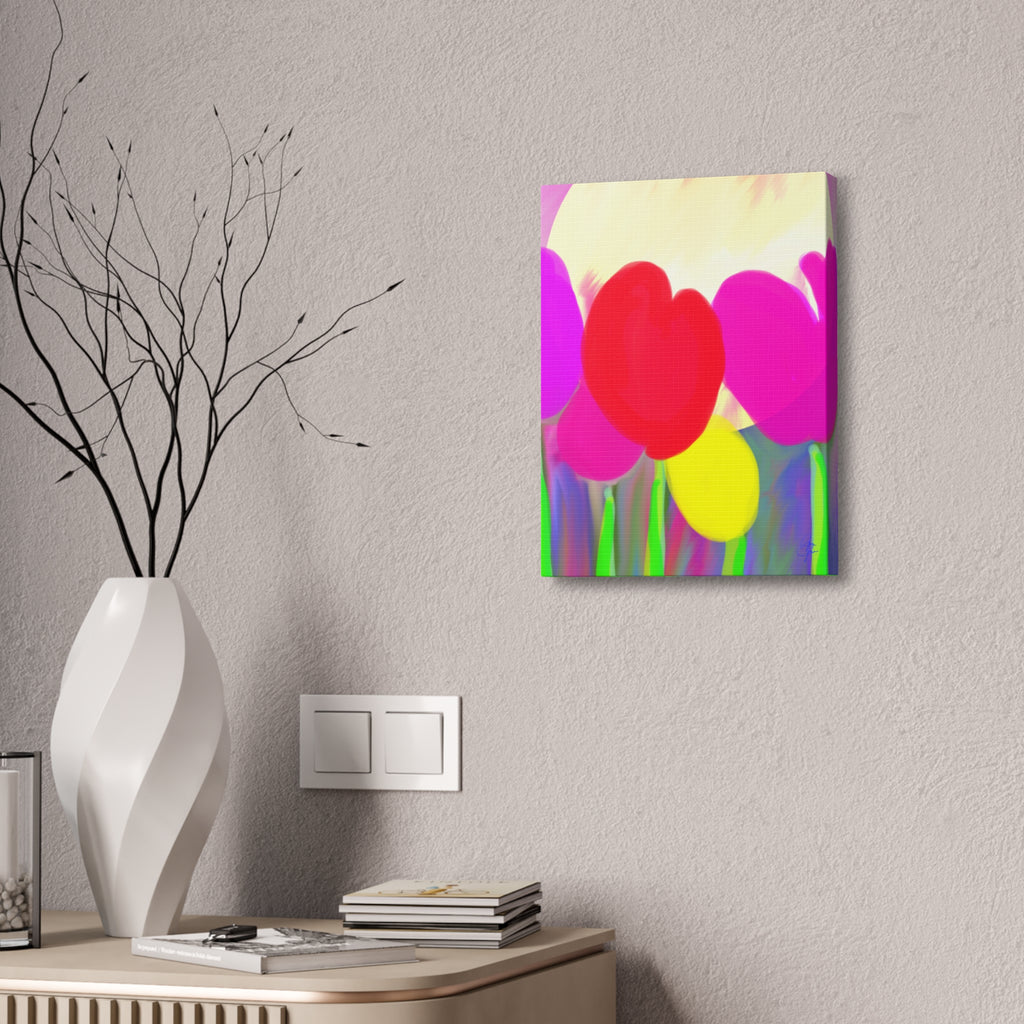 Bright Tulip Canvas Wall Art — Colorful Heart Flowers Stretched Canvas
