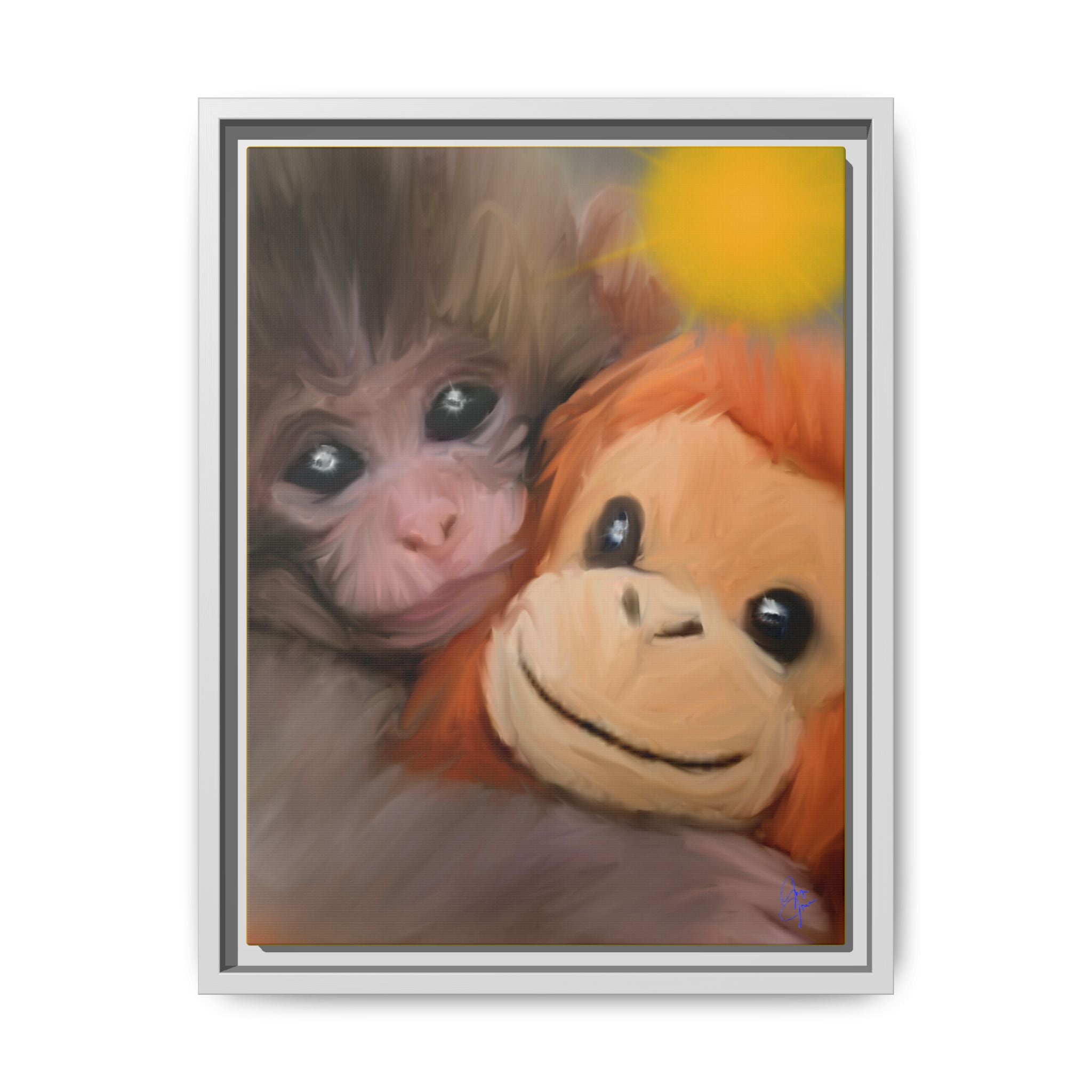 Framed Matte Canvas Print — Baby Monkey & Plush Orangutan Wall Art