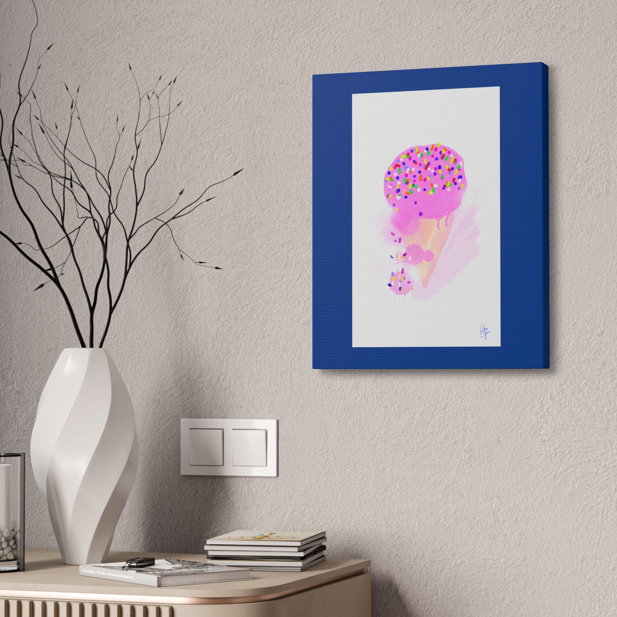 Pink Sprinkle Ice Cream Cone Canvas Print — Cute Pastel Wall Art