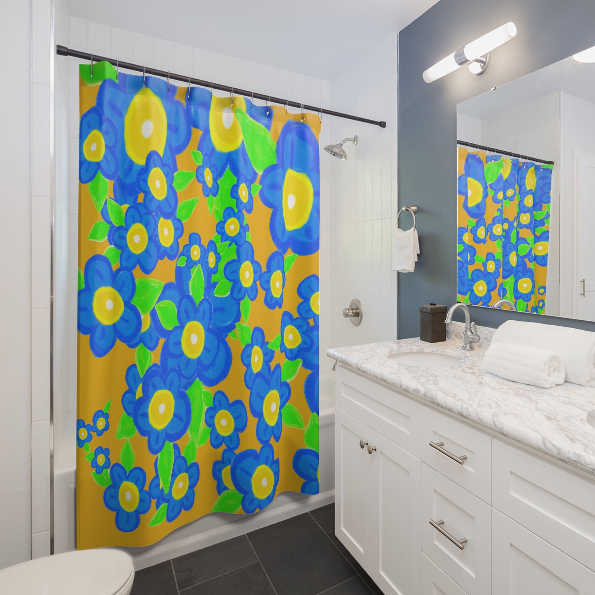 Blue Floral Shower Curtain — Bold Retro Flowers on Mustard Background