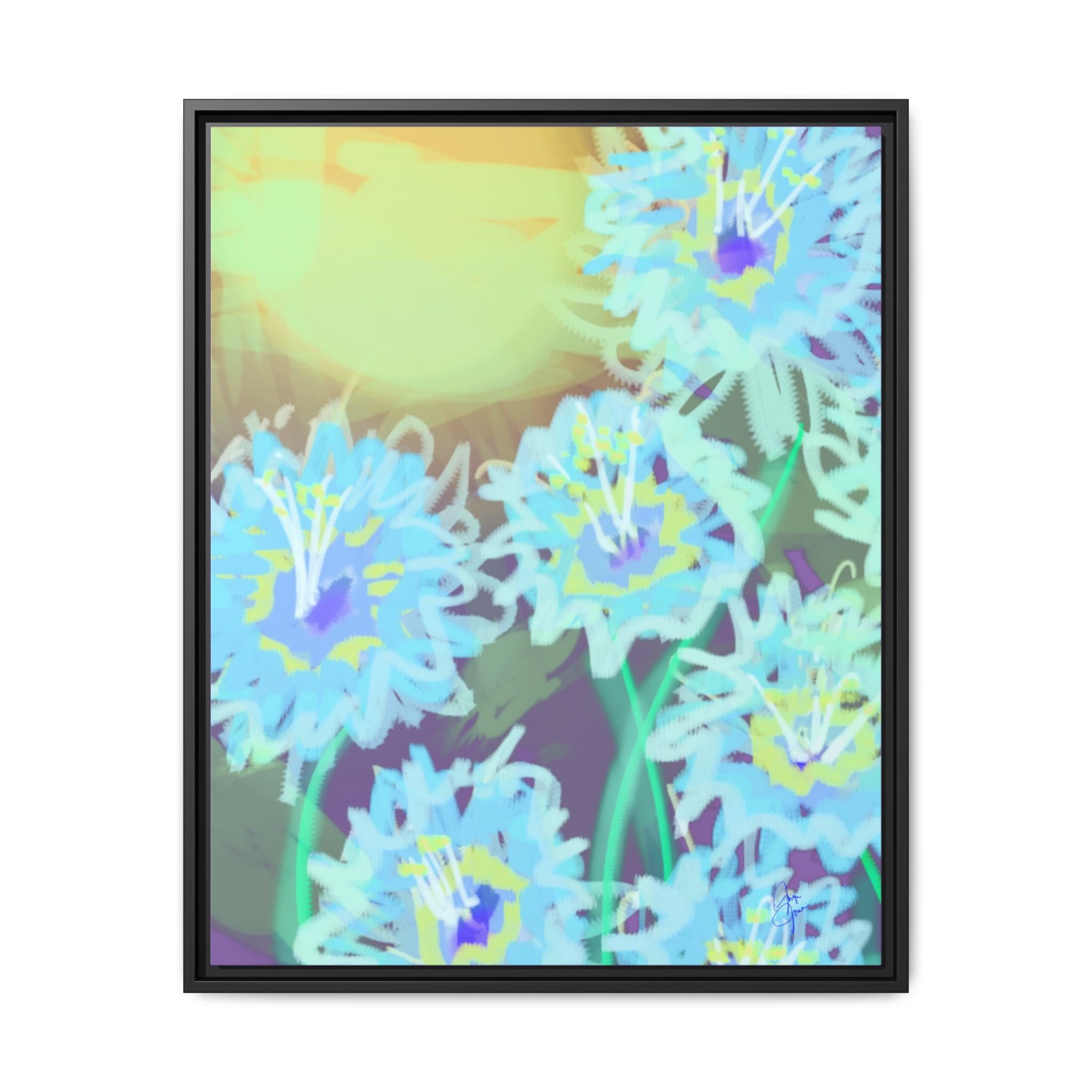 Framed Floral Canvas Art — Blue & Yellow Abstract Bouquet (Matte)