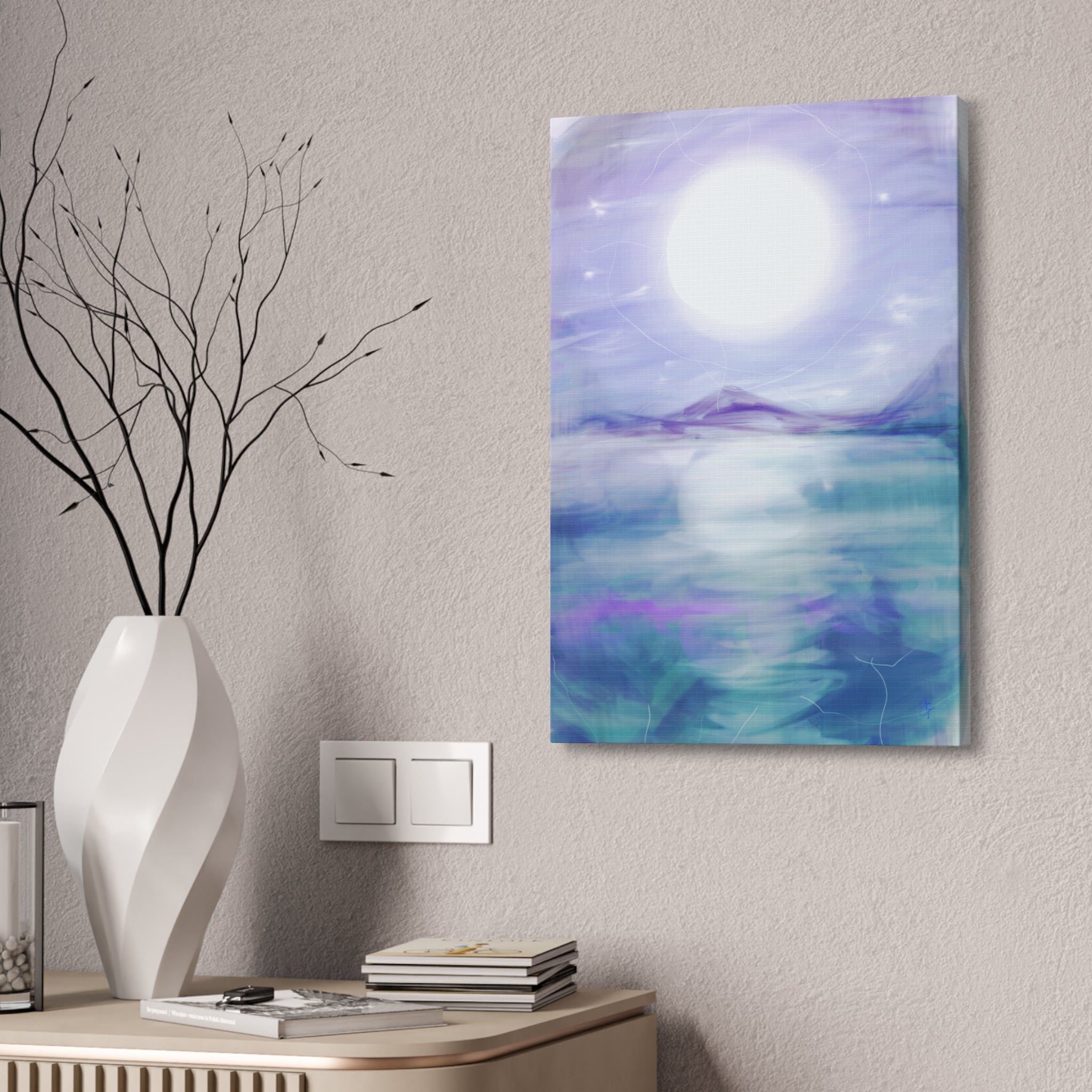 Moonlit Lake Canvas Print – Serene Purple Landscape Wall Art
