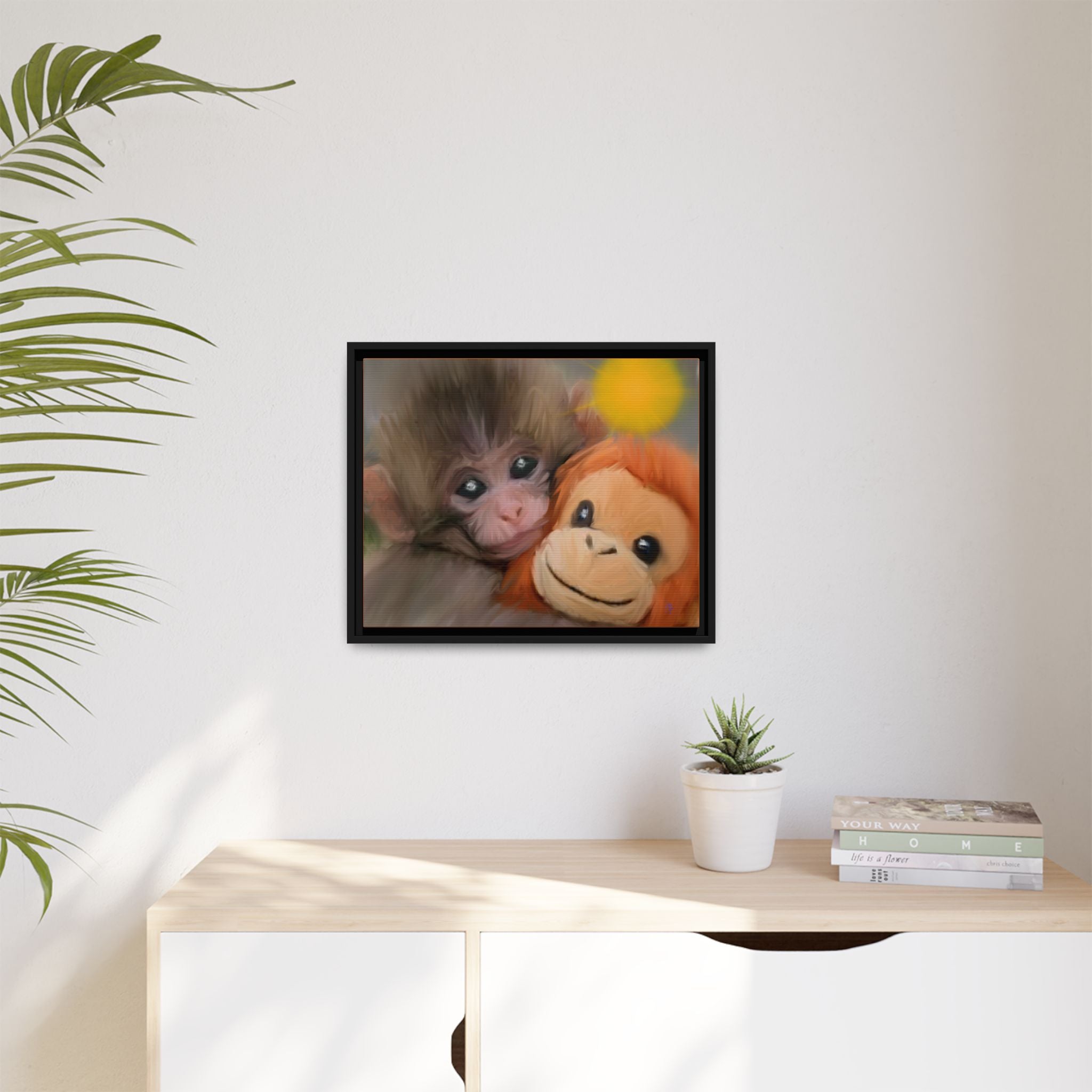 Framed Matte Canvas Print — Baby Monkey & Plush Orangutan Wall Art
