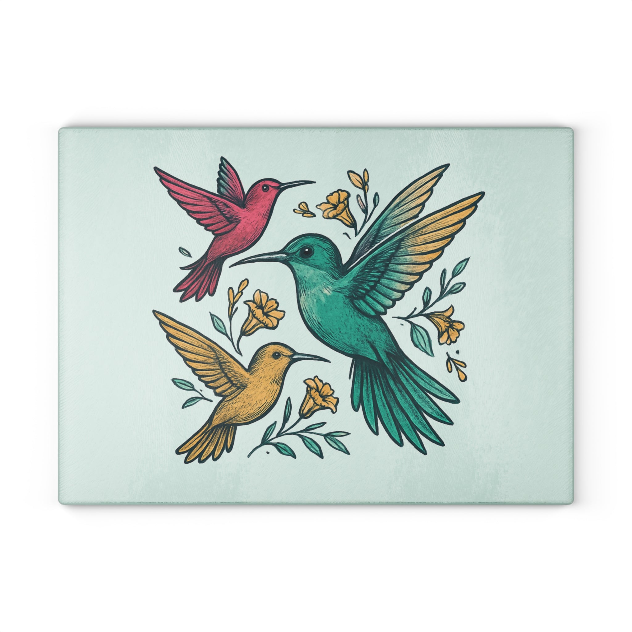 Hummingbird Floral Glass Cutting Board — Decorative Kitchen Prep Board