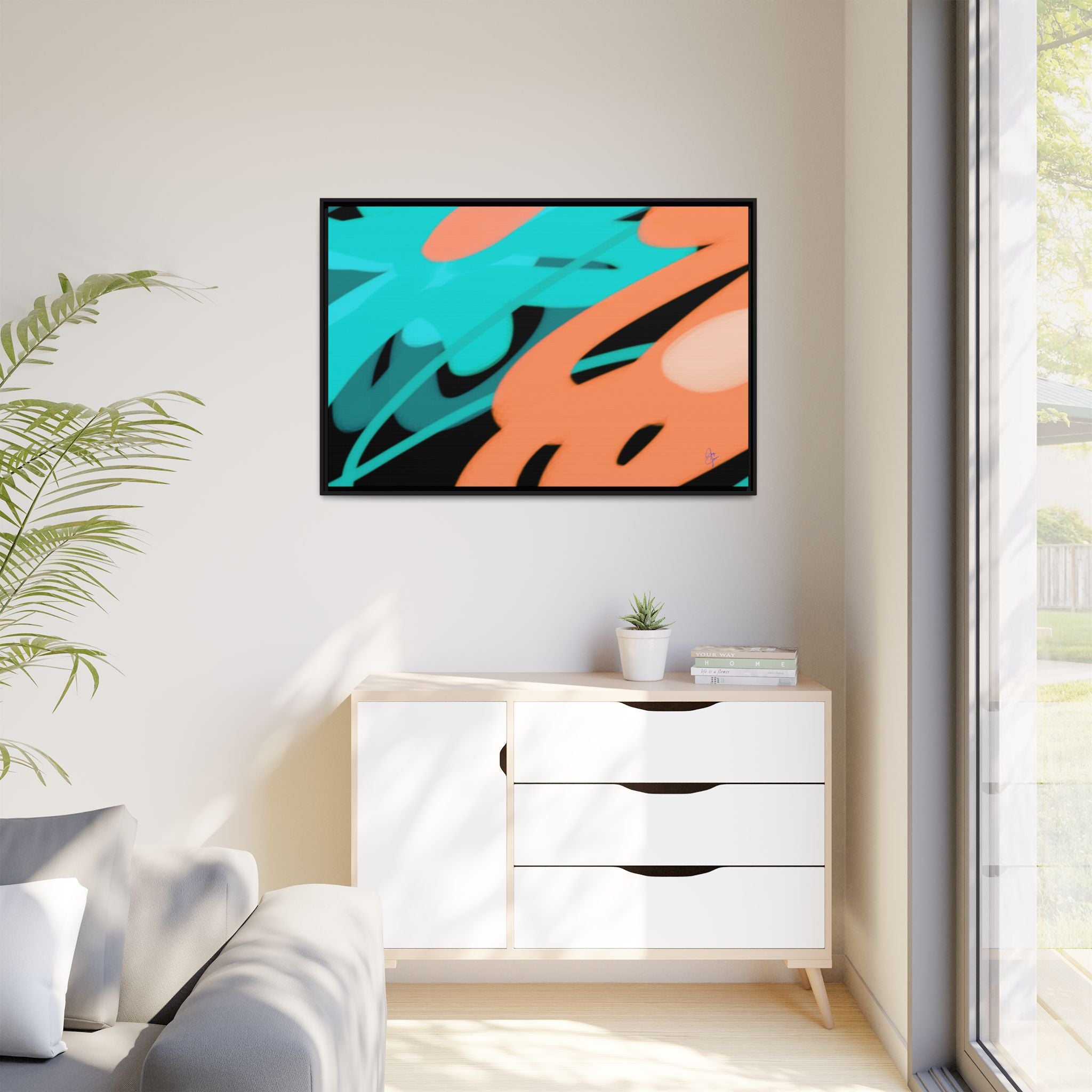 Abstract Teal & Coral Splash Framed Canvas