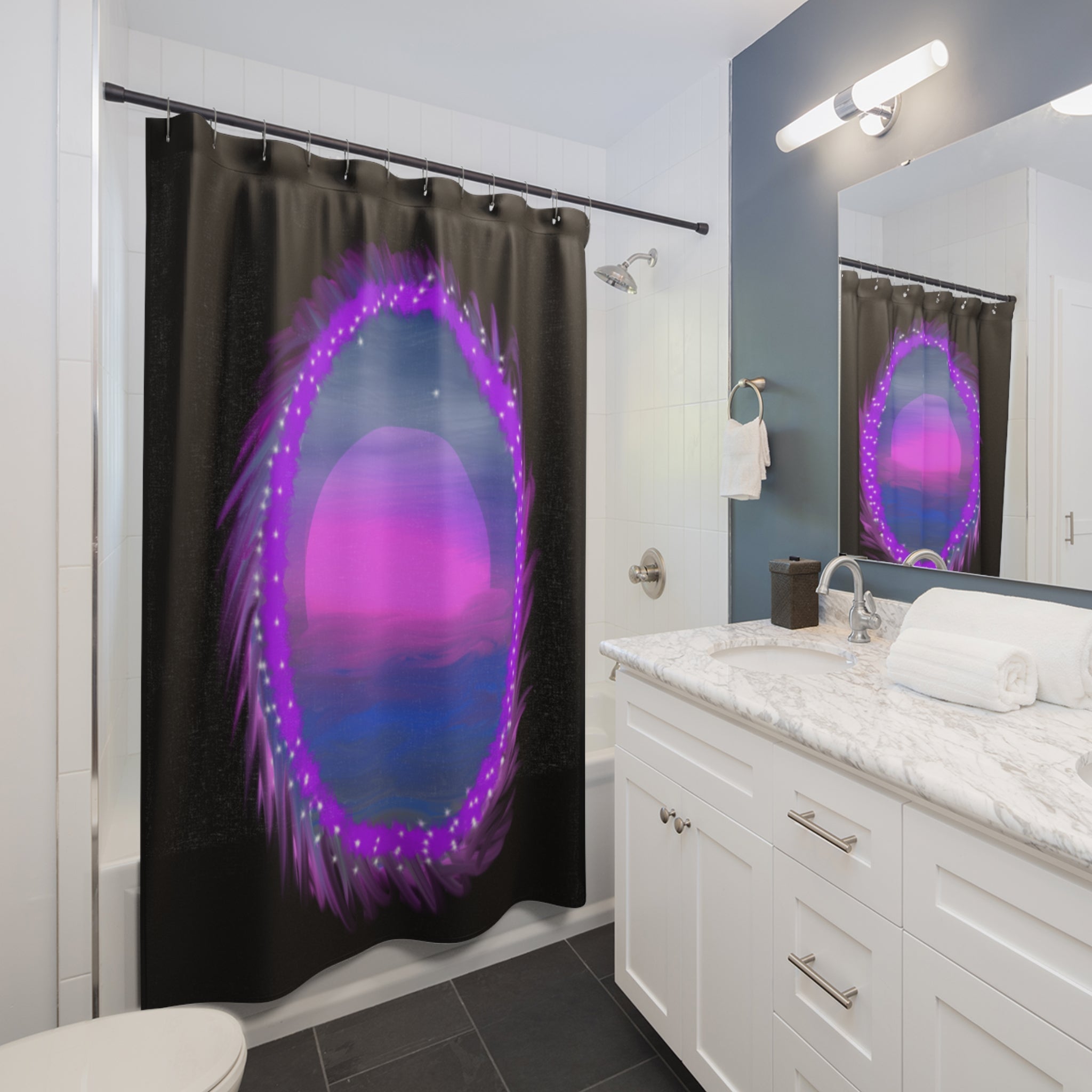 Mystic Neon Sunset Shower Curtain — Purple Galaxy Bath Decor
