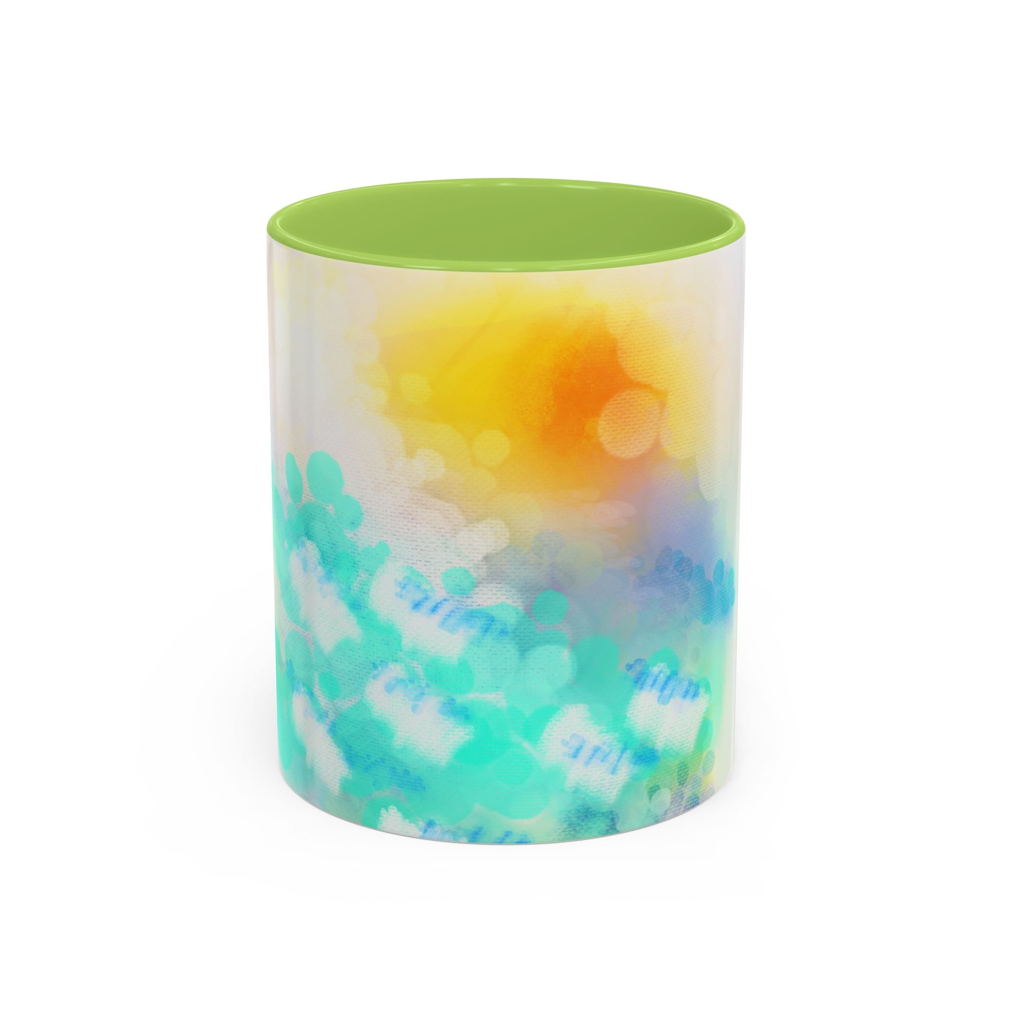 Sunrise Watercolor Accent Coffee Mug — Bright Abstract Teal & Yellow Ceramic