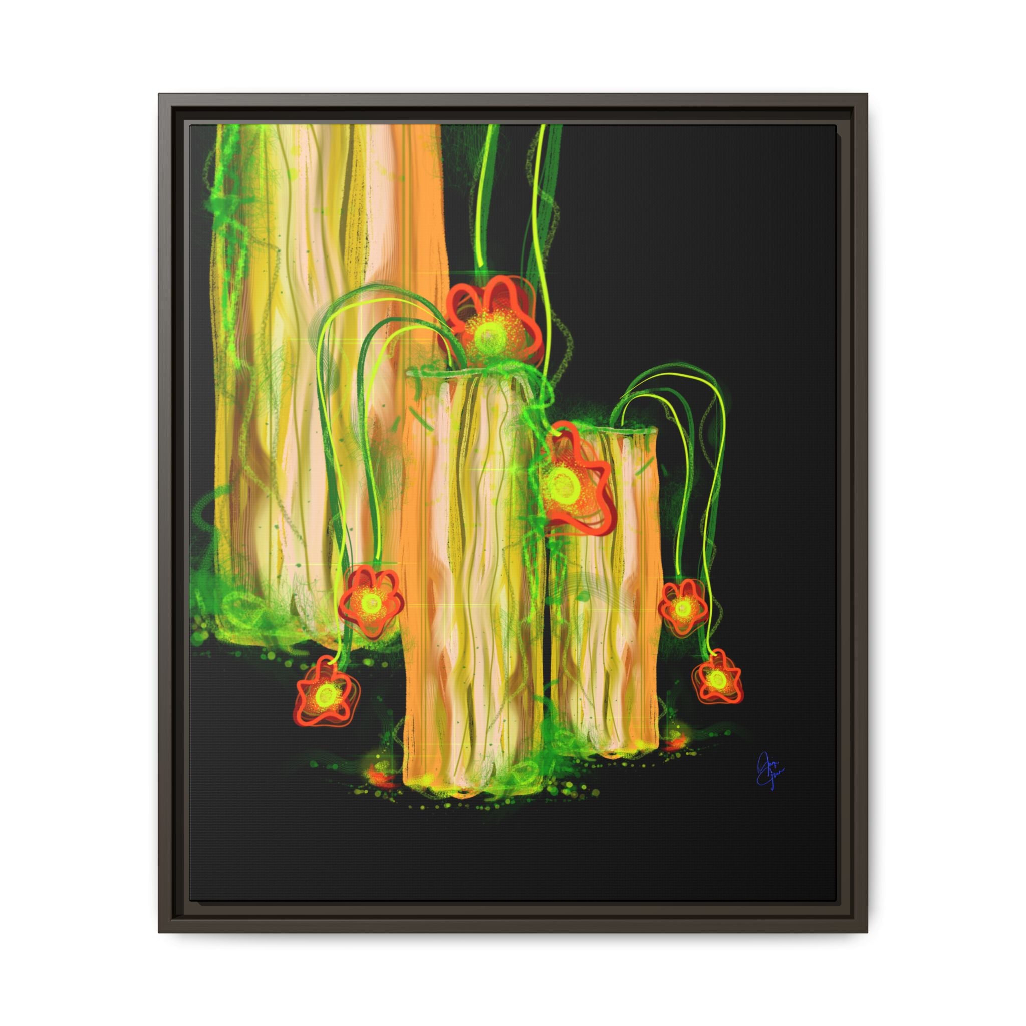 Framed Matte Canvas Print — Neon Floral Candlelight Art