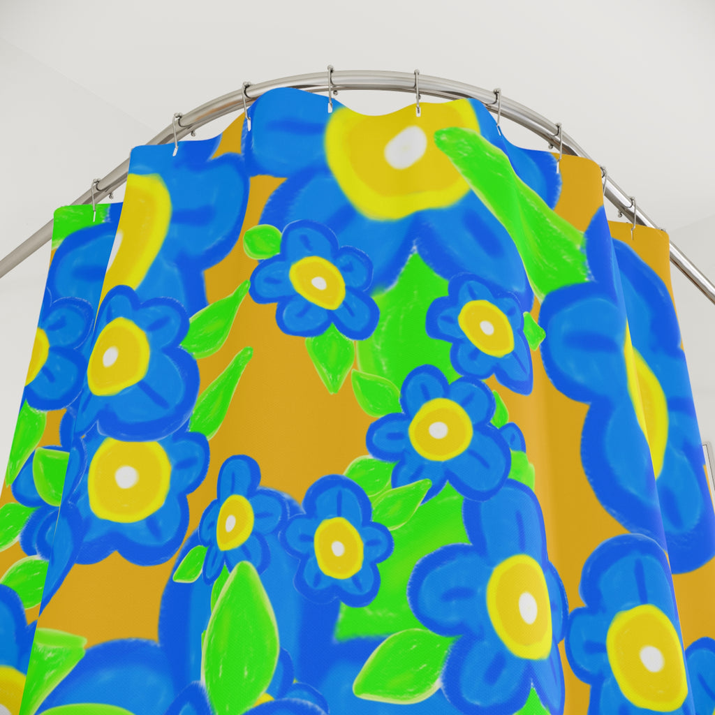 Blue Floral Shower Curtain — Bold Retro Flowers on Mustard Background