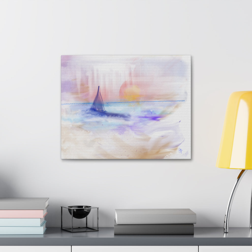 Watercolor Seascape Canvas Print — Dreamy Sailboat Sunset Wall Art