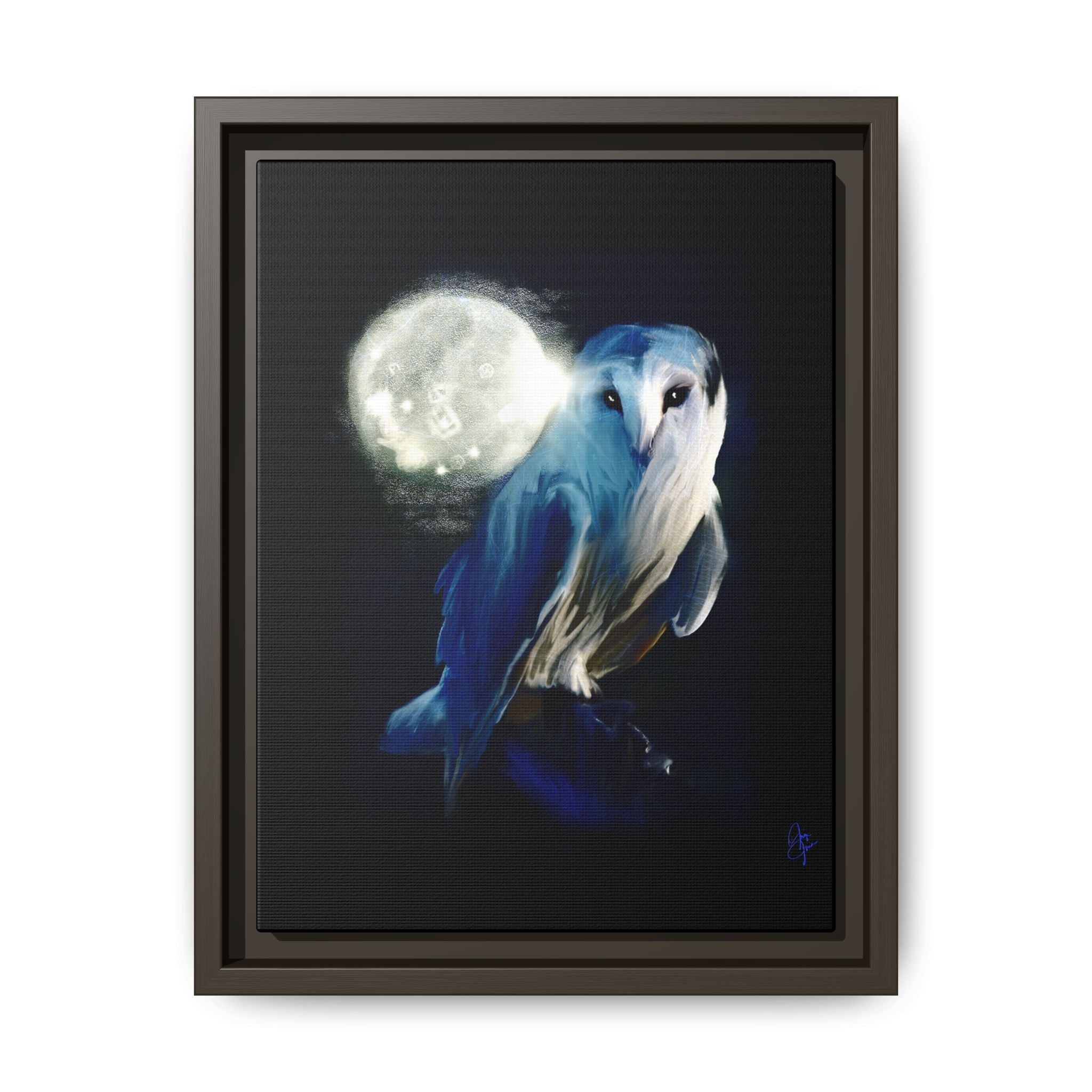 Moonlight Owl Matte Framed Canvas — Mystical Blue Owl Wall Art