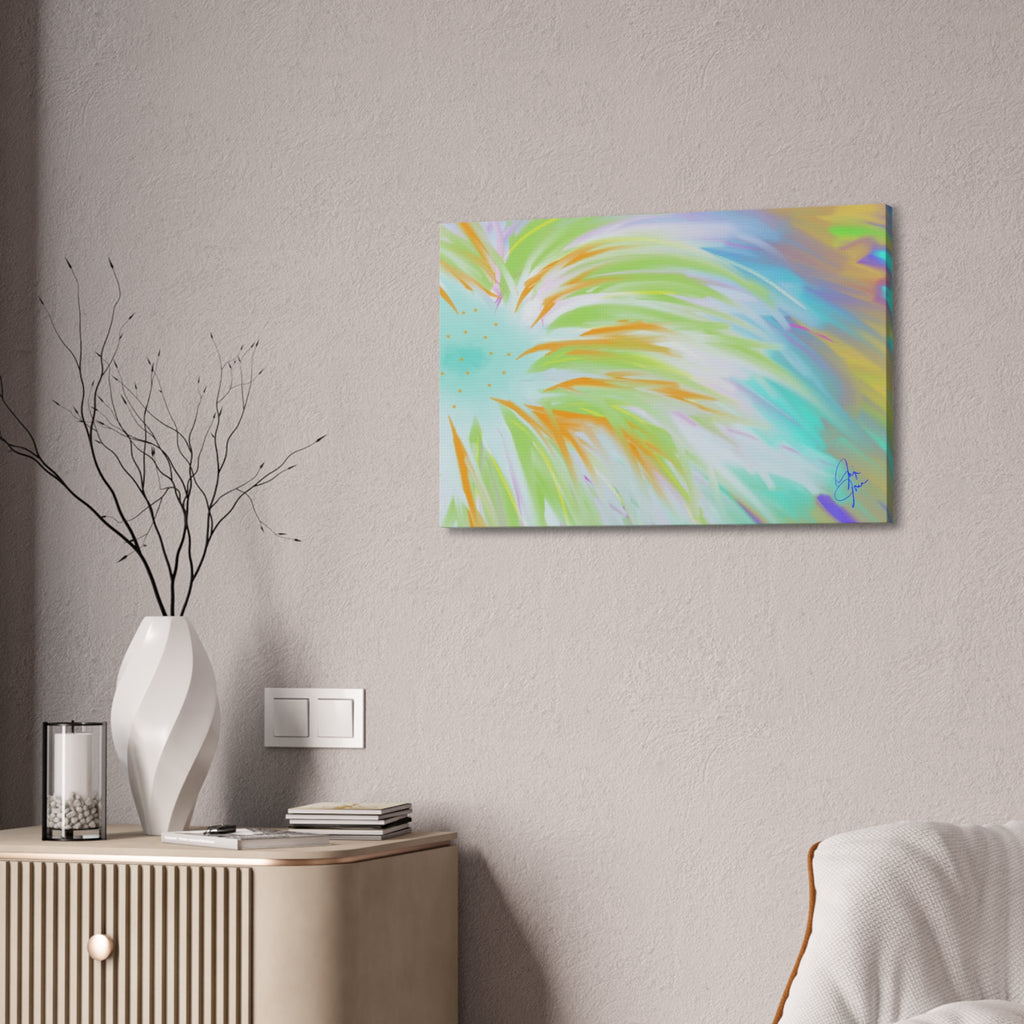 Abstract Sunburst Canvas Stretched Art - Turquoise, Lime & Coral Wall Decor