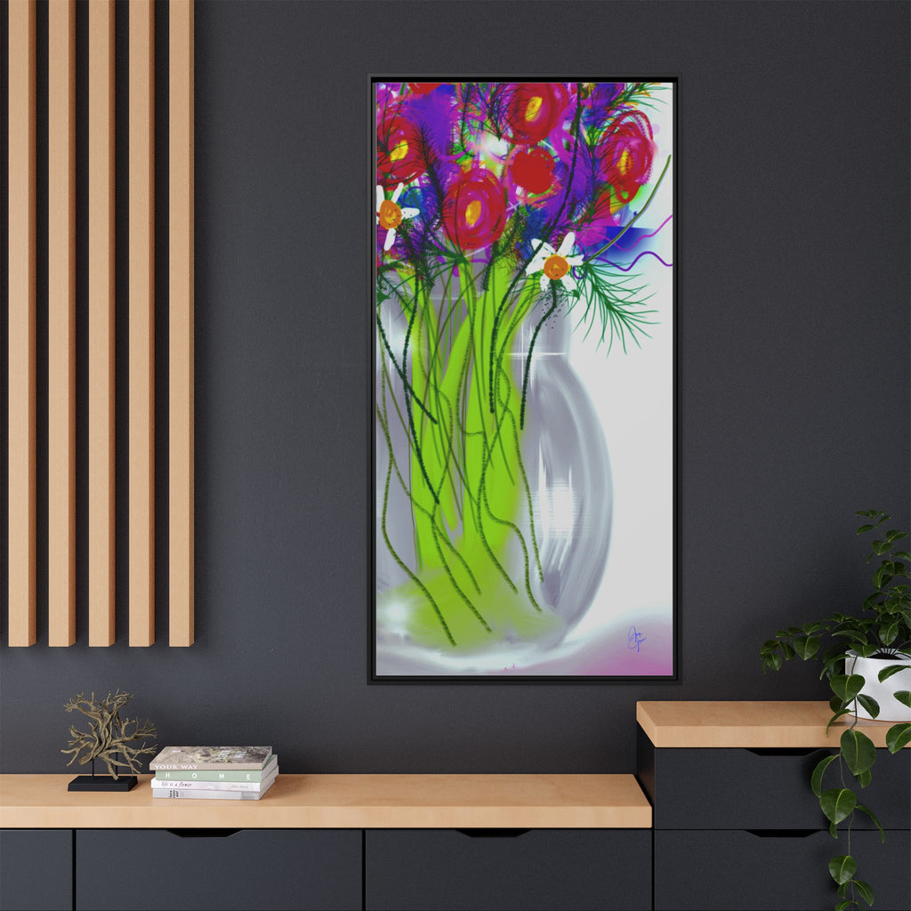 Framed Floral Bouquet Matte Canvas Wall Art — Colorful Abstract Flowers in Vase