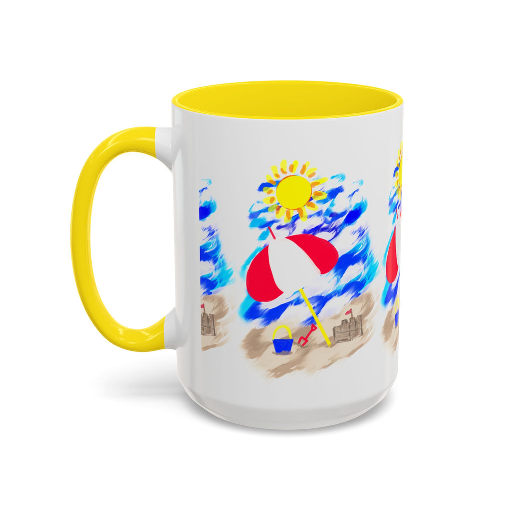 Beach Scene Coffee Mug – Summer Umbrella, Sun & Sandcastle Accent Mug