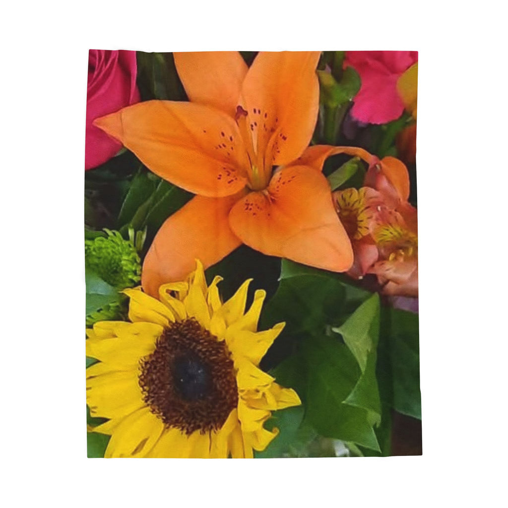 Velveteen Plush Blanket — Vibrant Floral Bouquet Throw (Sunflower & Orange Lily)