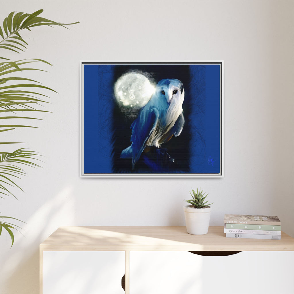 Moonlight Owl Matte Framed Canvas — Mystical Blue Owl Wall Art