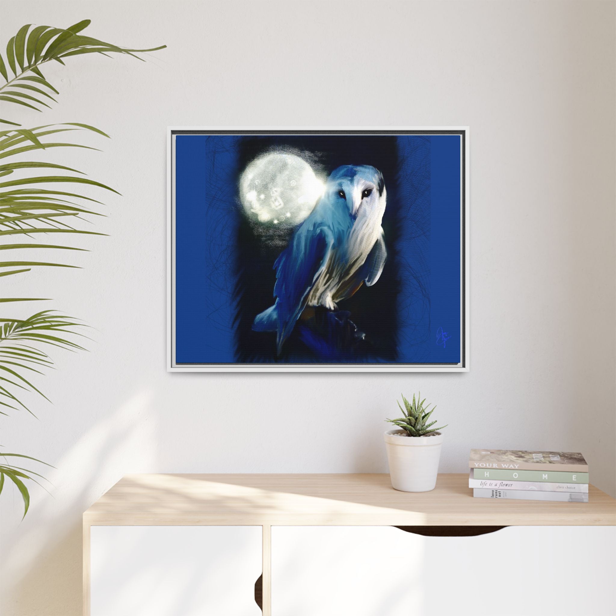 Moonlight Owl Matte Framed Canvas — Mystical Blue Owl Wall Art