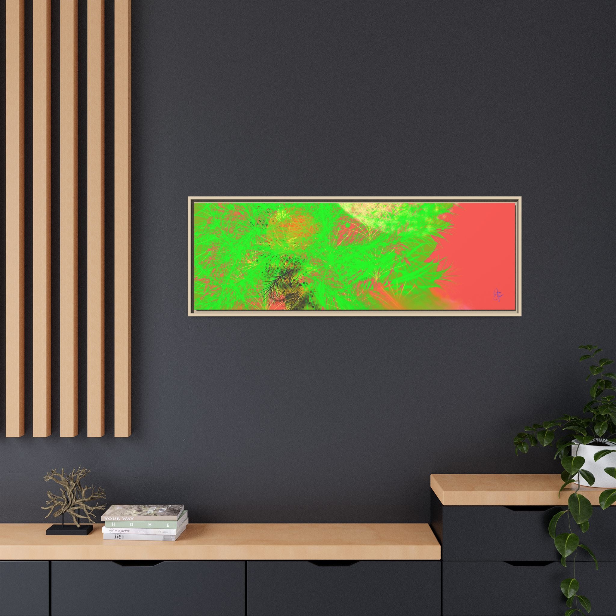 Abstract Neon Tree Matte Canvas Framed Art — Vibrant Green Moon Landscape