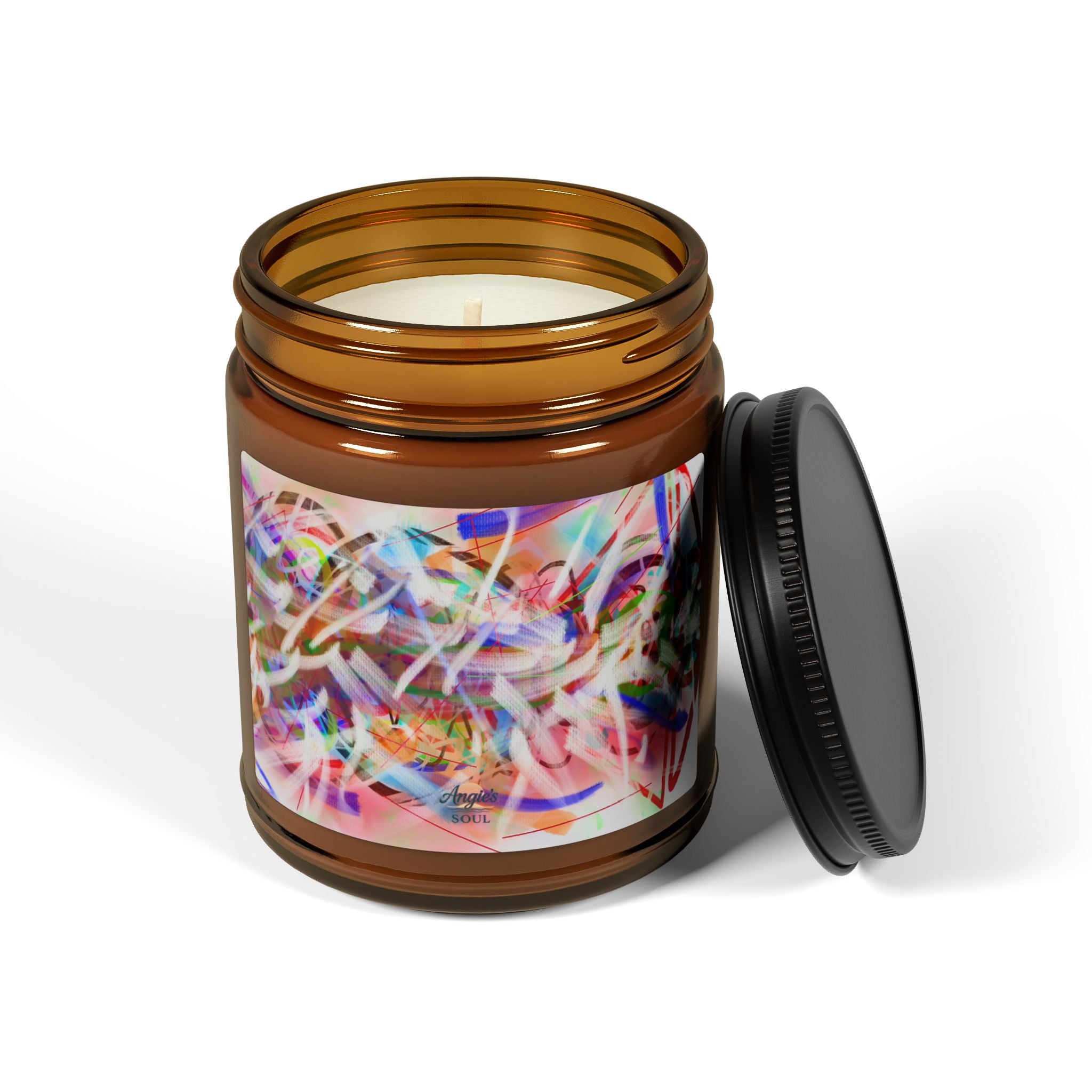 Soy Candle — Amber Jar with Colorful Abstract Art Label