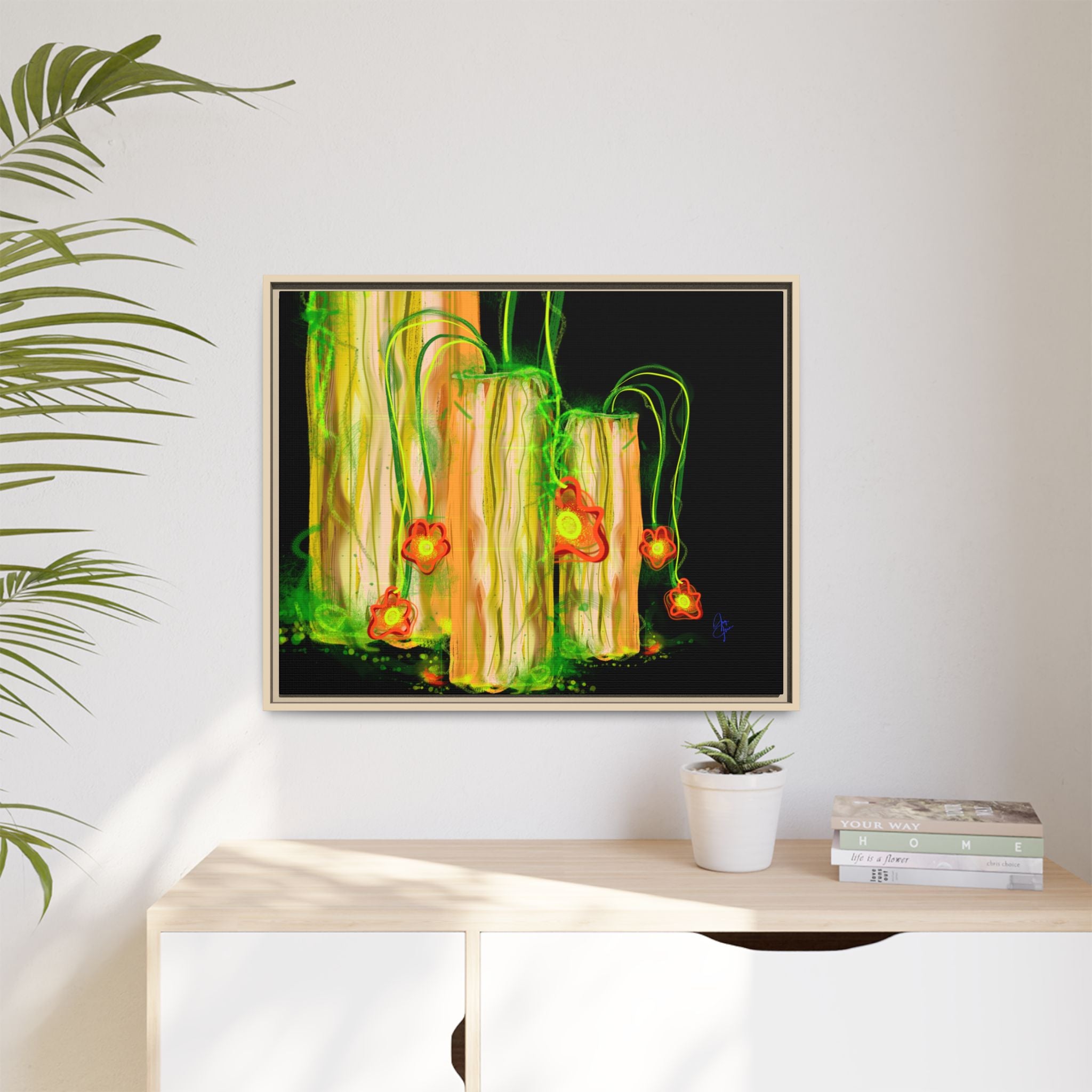 Framed Matte Canvas Print — Neon Floral Candlelight Art