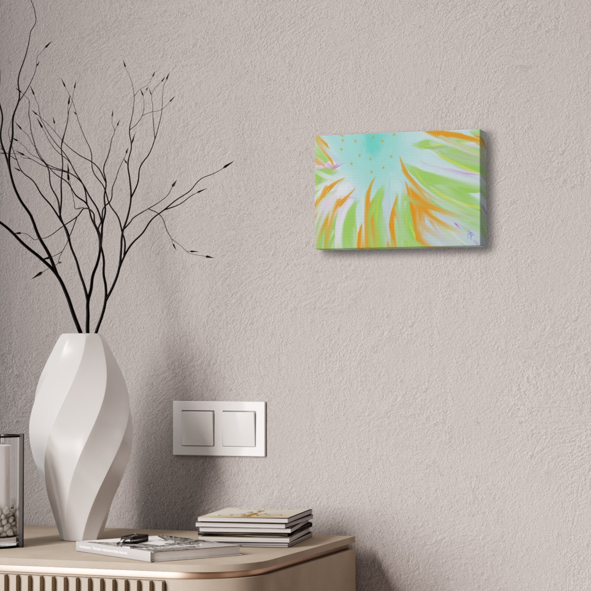 Abstract Sunburst Canvas Stretched Art - Turquoise, Lime & Coral Wall Decor