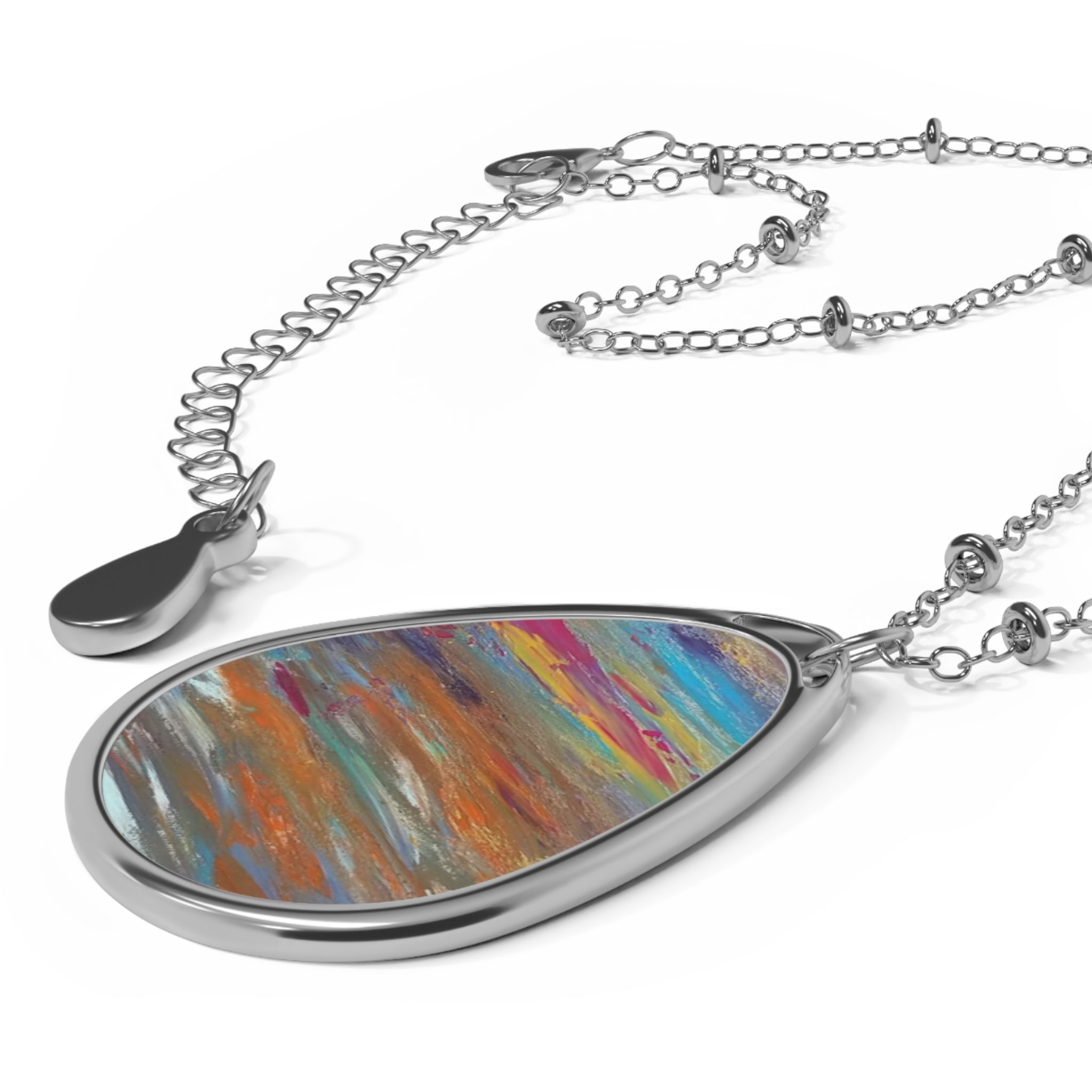 Silver Oval Pendant Necklace with Abstract Sunset Art
