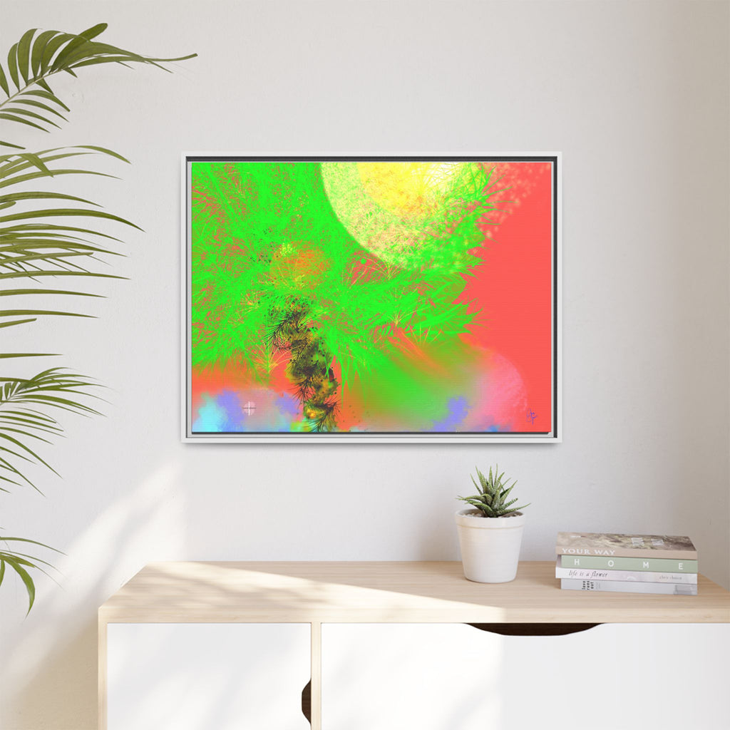 Abstract Neon Tree Matte Canvas Framed Art — Vibrant Green Moon Landscape