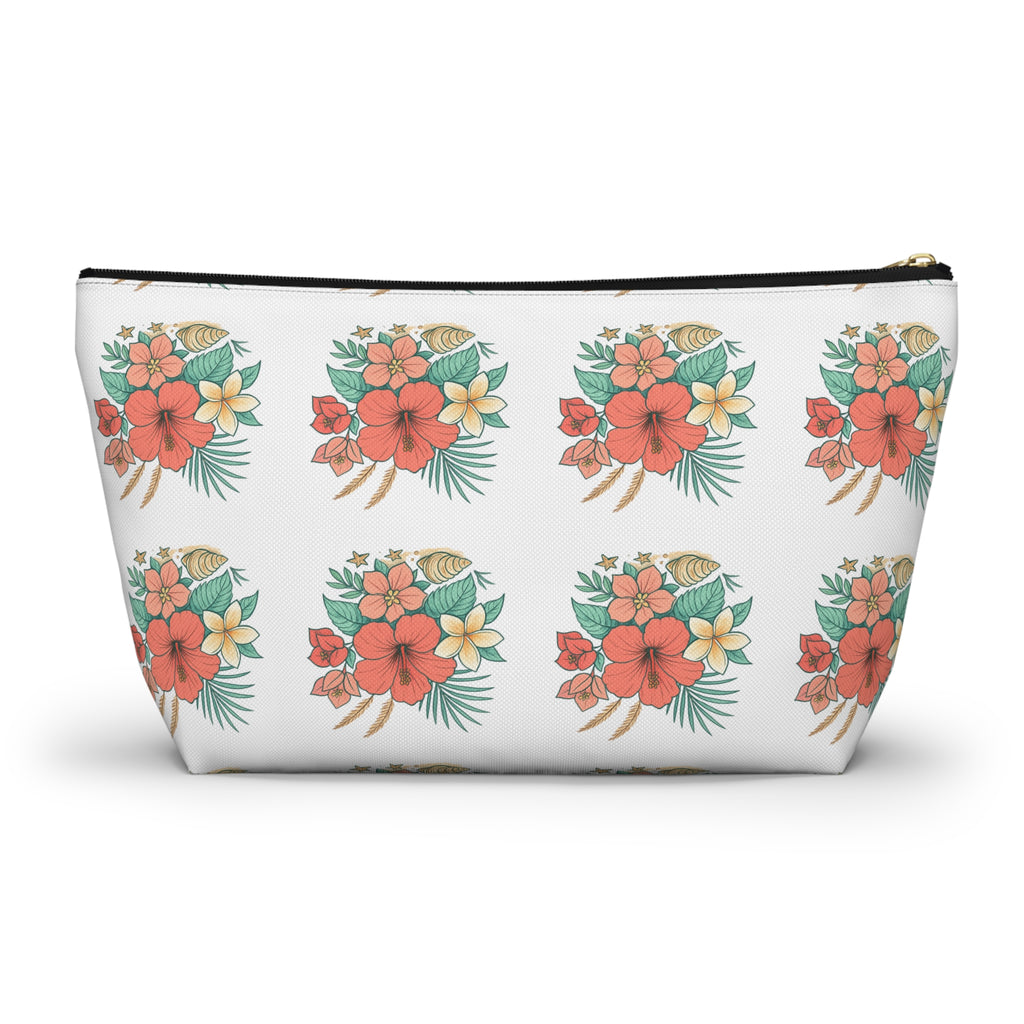 Tropical Floral Accessory Pouch — Hibiscus Cosmetic Bag with T-Bottom