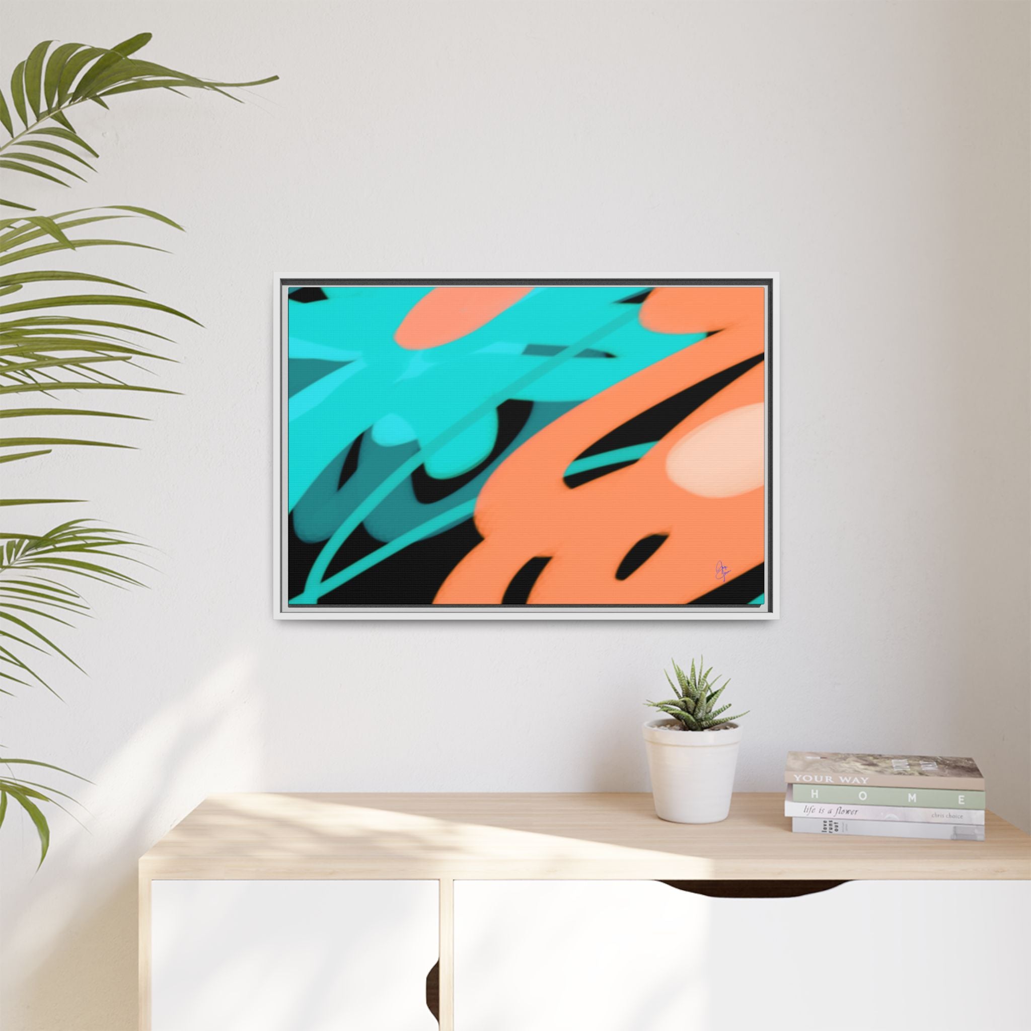 Abstract Teal & Coral Splash Framed Canvas
