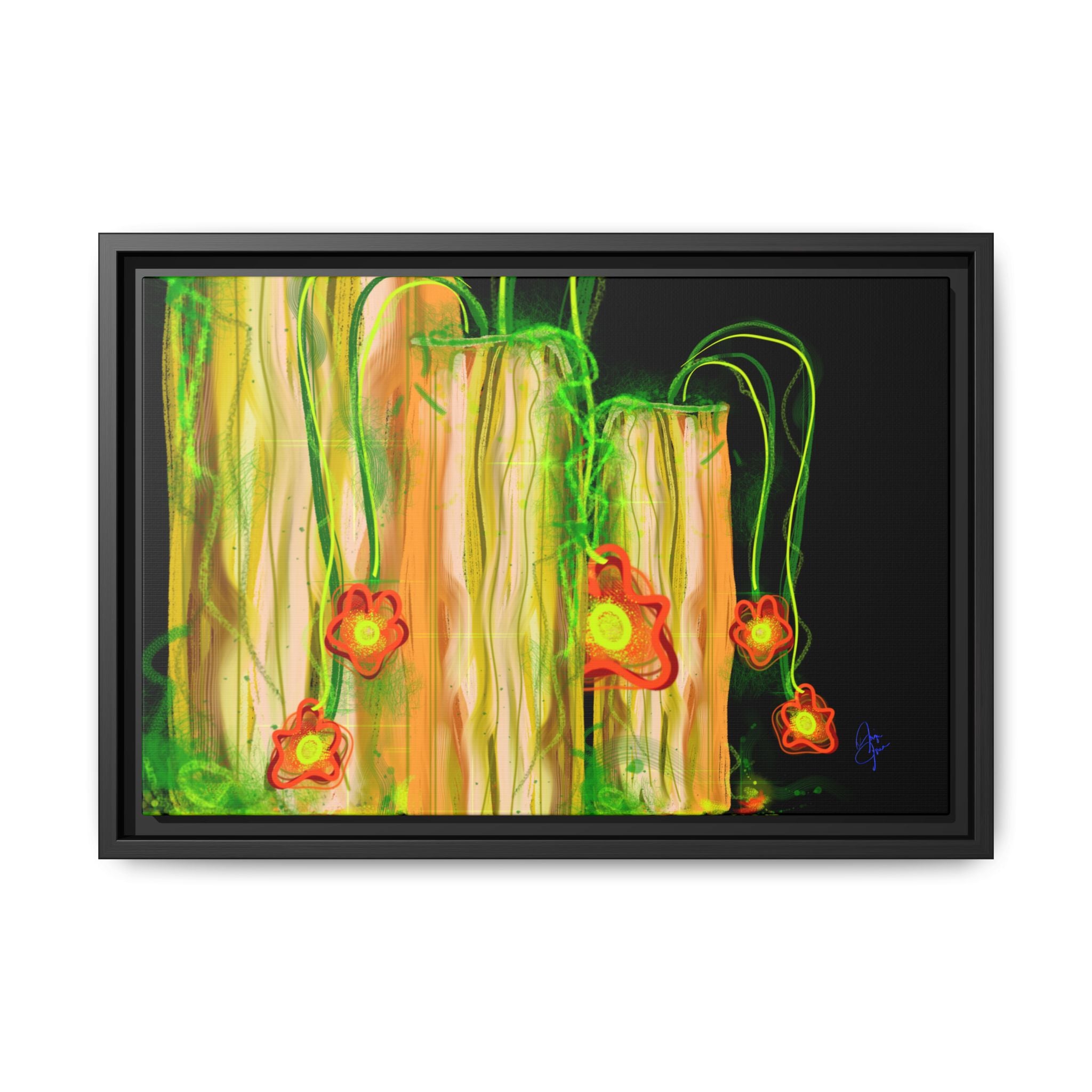 Framed Matte Canvas Print — Neon Floral Candlelight Art