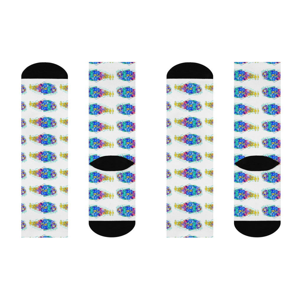 Cushioned Crew Socks — Colorful Abstract Fish Pattern