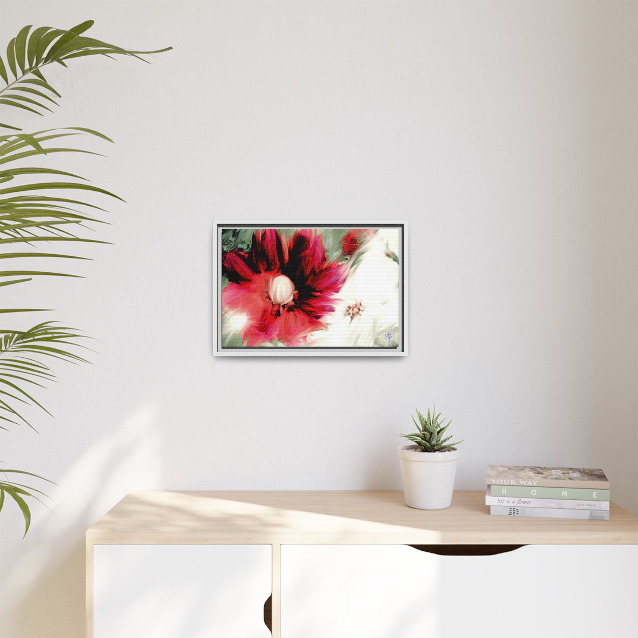 Framed Matte Canvas Print — Blurred Red & White Floral Art